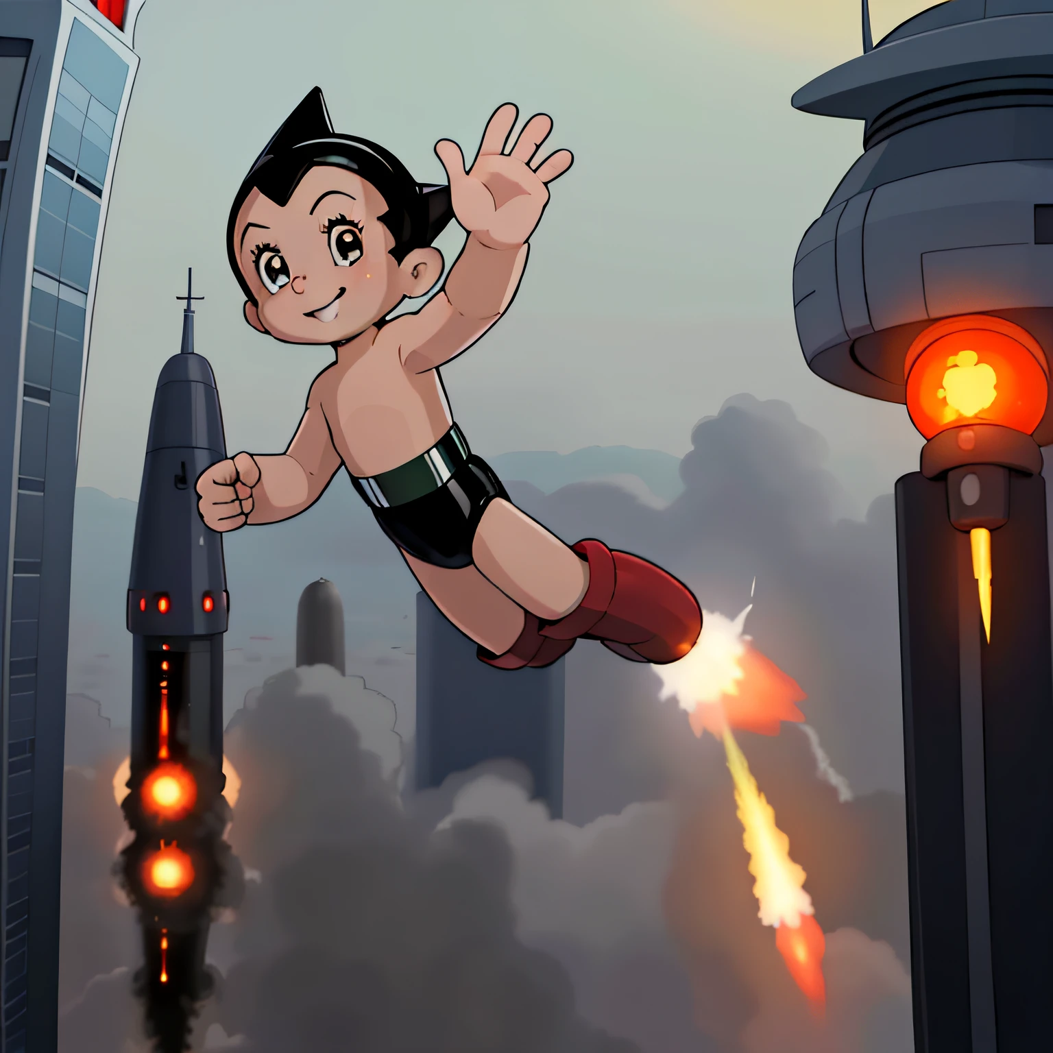 ((masterpiece, best quality)),(complex light),solo,solo focus,1boy,astro boy,black hair, brown eyes,red boots, smiling, flying over a futuristic city, rocket flames shooting out of his feet