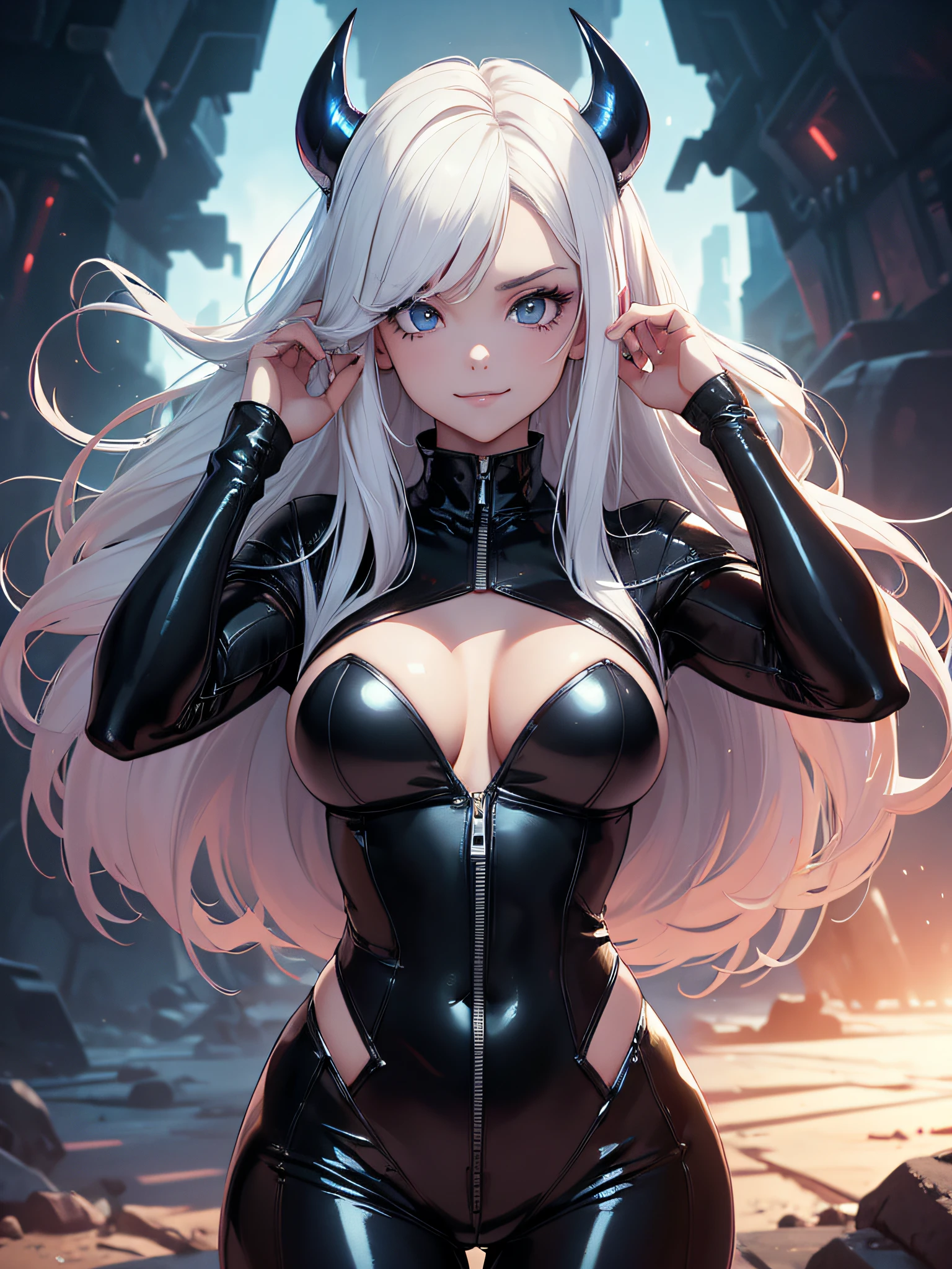 A girl with Mexican skull makeup on her face, looking from above with devilish smile, long white hair, full body tight latex catsuit, cleavage, perfect breasts, big ass, full body, {extremely 8k CG unit wallpaper detailed}, expansive landscape photography, (a low view focusing on the character and setting), (wide open field view), (low angle shot), (high light: 1.4), (low light: 1.5) , (warm light source: 1.5), complex details, (iridescent colors: 1.4), (bright lighting), (atmospheric lighting), dreamy, NFSW