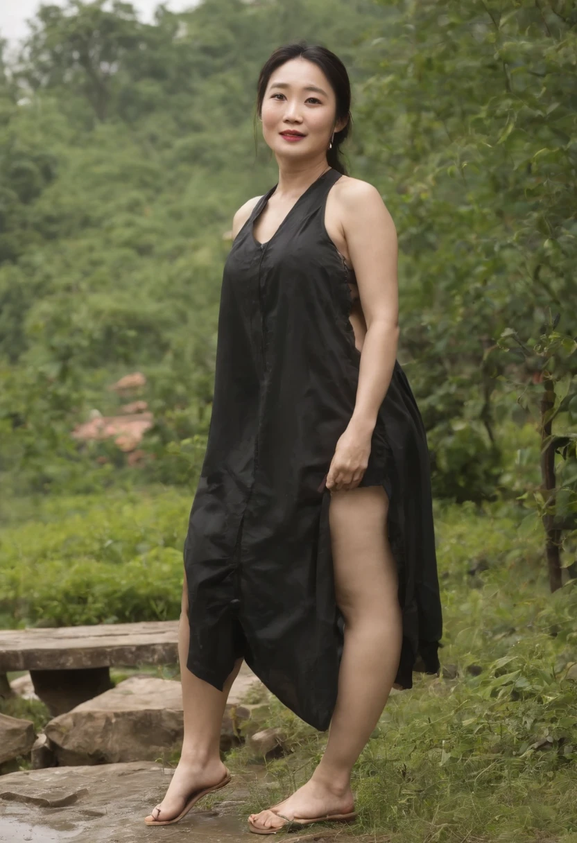 Beggar women，（58 years old，Chinese women），slightly fat big breasts，gong li，Zhao Lijuan，Chen Shuting，Juanzi，Sexual hunger and thirst，with short white hair，Rural women，((burly build))，Very tall,Tall and burly（Height 1.9m），（（long leges）），Wearing a tattered ancient Chinese embroidered camisole vest（short red dress），（Like a beggar），Remove your pants，Remove clothes，（Tearing tattered skirts），shoes（The barefoot），Tiptoeing（Tiptoeing），（Tearing a tattered belly pocket），with intense rain，Get wet all over your body，Rainy days，（The whole body is completely soaked：2），Sit on a stone chair on a bluestone slab in the field（Mossy），（Open legs：1.4），（M-shaped legs：1.6），Recline back，（Face the audience with open legs：1.8），tmasterpiece，超高分辨率 ,( Photorealistic :1.4）， tmasterpiece， （Faraway view：1.8），（Full-body photography：1.8），（front-facing view：1.8），（realisticlying：1.4）， smiling wryly， The mouth opens wide，Dark night