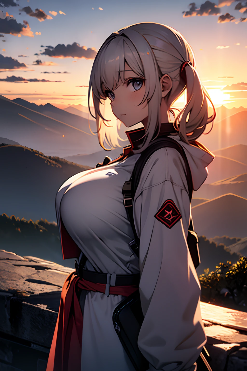 Girl with big breasts and pigtails watching a sunset on a semi cloudy day on top of a mountain