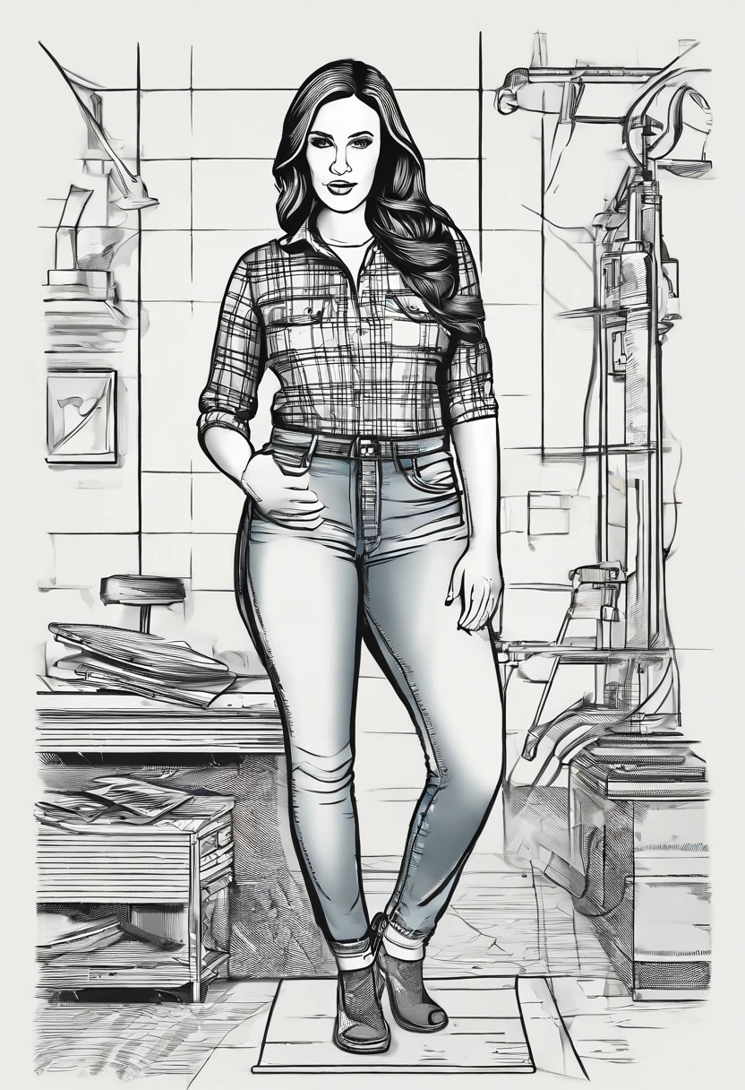 hyper realistic photo of Angela White, (Wearing a plaid t-shirt and jeans), in a carpentry shop, artificial light, artificial lighting ((professional quality)), soft shadows, digital photo (filter: lomo) (big boobs) (best eyes)