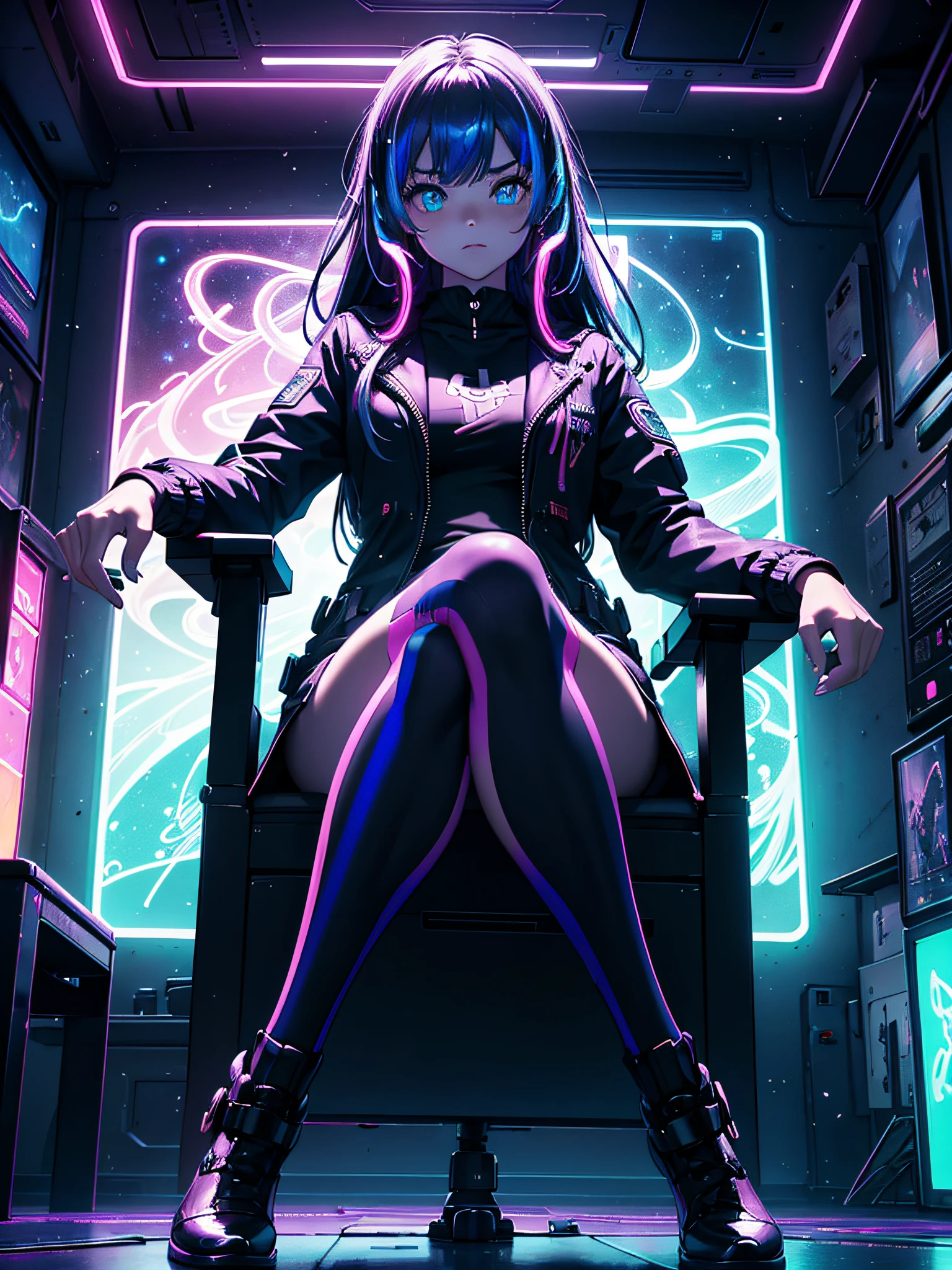 Rebbeca \(Cyberpunk)\, Big eyes, long hair, sitting on the chair with her foot up, her jacket open, Florescent neon lights, Full body, {extremely detailed 8k CG unit wallpaper}, landscape photography expansive, (a view from below with focus on the character and setting), (wide open field view), (low angle shot), (high light: 1.7), (low light: 1.3), (warm light source : 1.5), Intricate details, (iridescent colors: 1.6), (bright lighting), (atmospheric lighting), Surreal, dreamy, magical