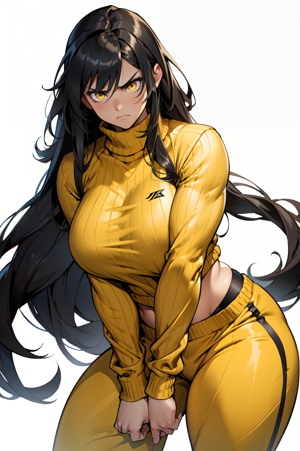 (muscular thick thighs huge breasts) black hair yellow eyes very long hair sweater sweatpants girl simple background angry