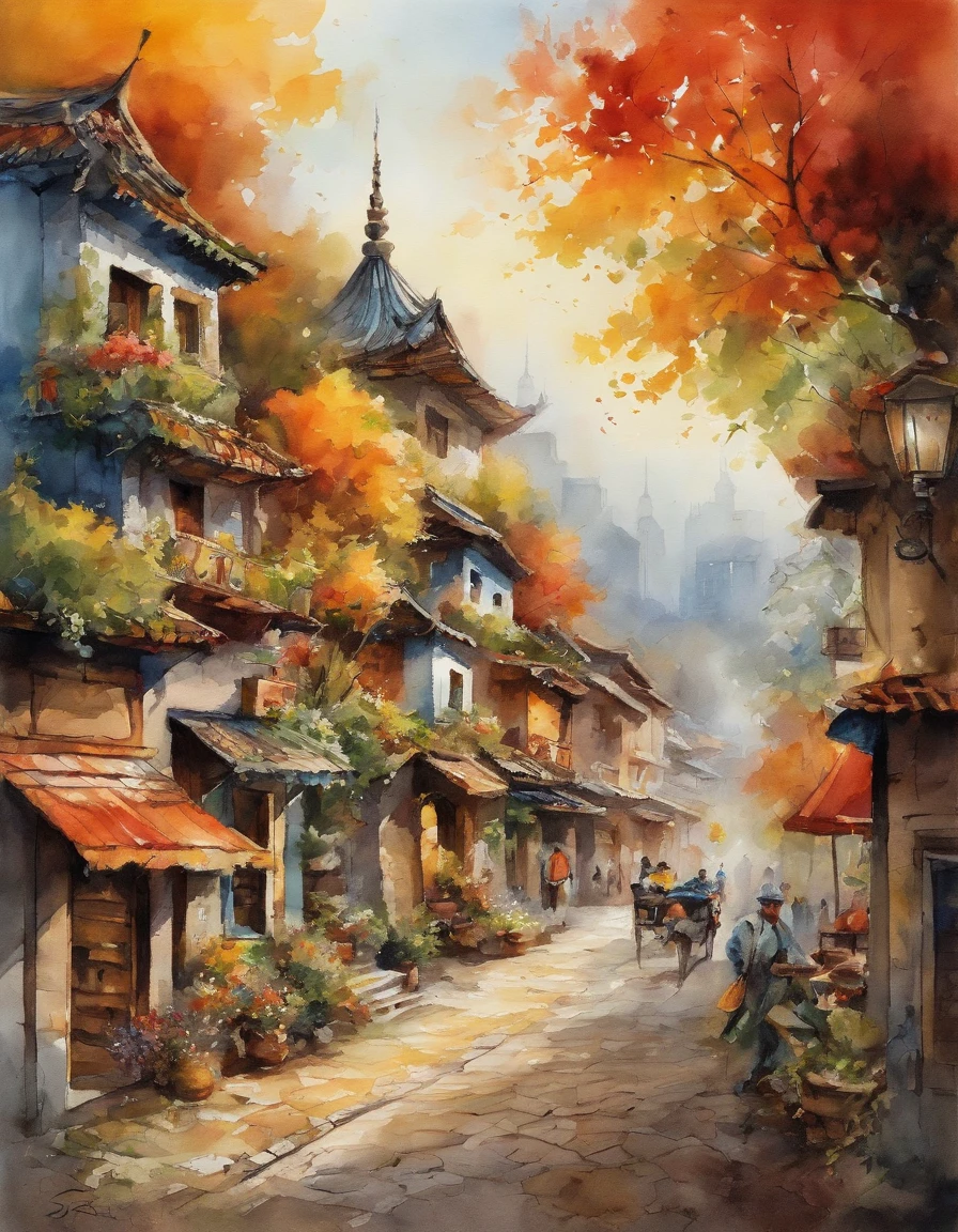 Illustration of the city with many colorful leaves, Corea, Seoul, In the style of a vivid cartoonist, caer,, La linterna de Jack O, especias, Escuela de Nueva York, Robert Monsch, Concepto de arte callejero, 50d Film Frames, Naturalistic representation of flora and fauna, dibujos animados juguetones