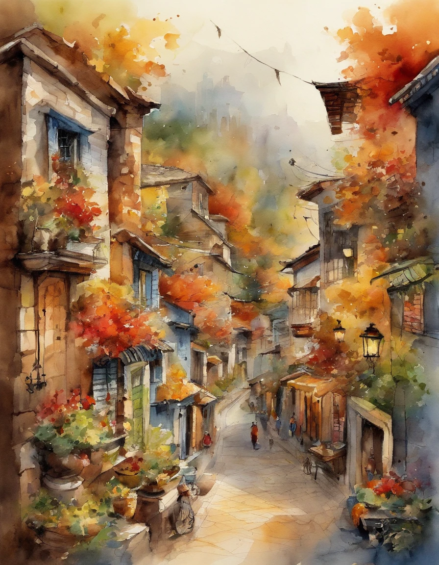 Illustration of the city with many colorful leaves, Corea, Seoul, In the style of a vivid cartoonist, caer,, La linterna de Jack O, especias, Escuela de Nueva York, Robert Monsch, Concepto de arte callejero, 50d Film Frames, Naturalistic representation of flora and fauna, dibujos animados juguetones