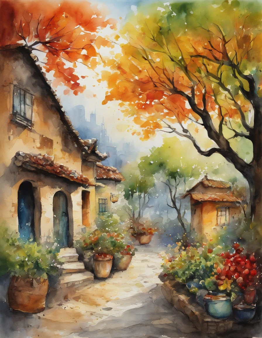 Illustration of the city with many colorful leaves, Corea, Seoul, In the style of a vivid cartoonist, caer,, La linterna de Jack O, especias, Escuela de Nueva York, Robert Monsch, Concepto de arte callejero, 50d Film Frames, Naturalistic representation of flora and fauna, dibujos animados juguetones