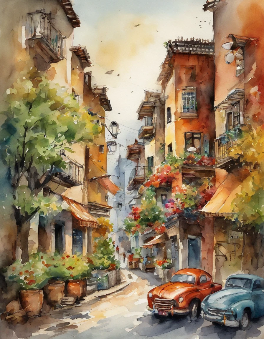 Illustration of the city with many colorful leaves, Corea, Seoul, In the style of a vivid cartoonist, caer,, La linterna de Jack O, especias, Escuela de Nueva York, Robert Monsch, Concepto de arte callejero, 50d Film Frames, Naturalistic representation of flora and fauna, dibujos animados juguetones