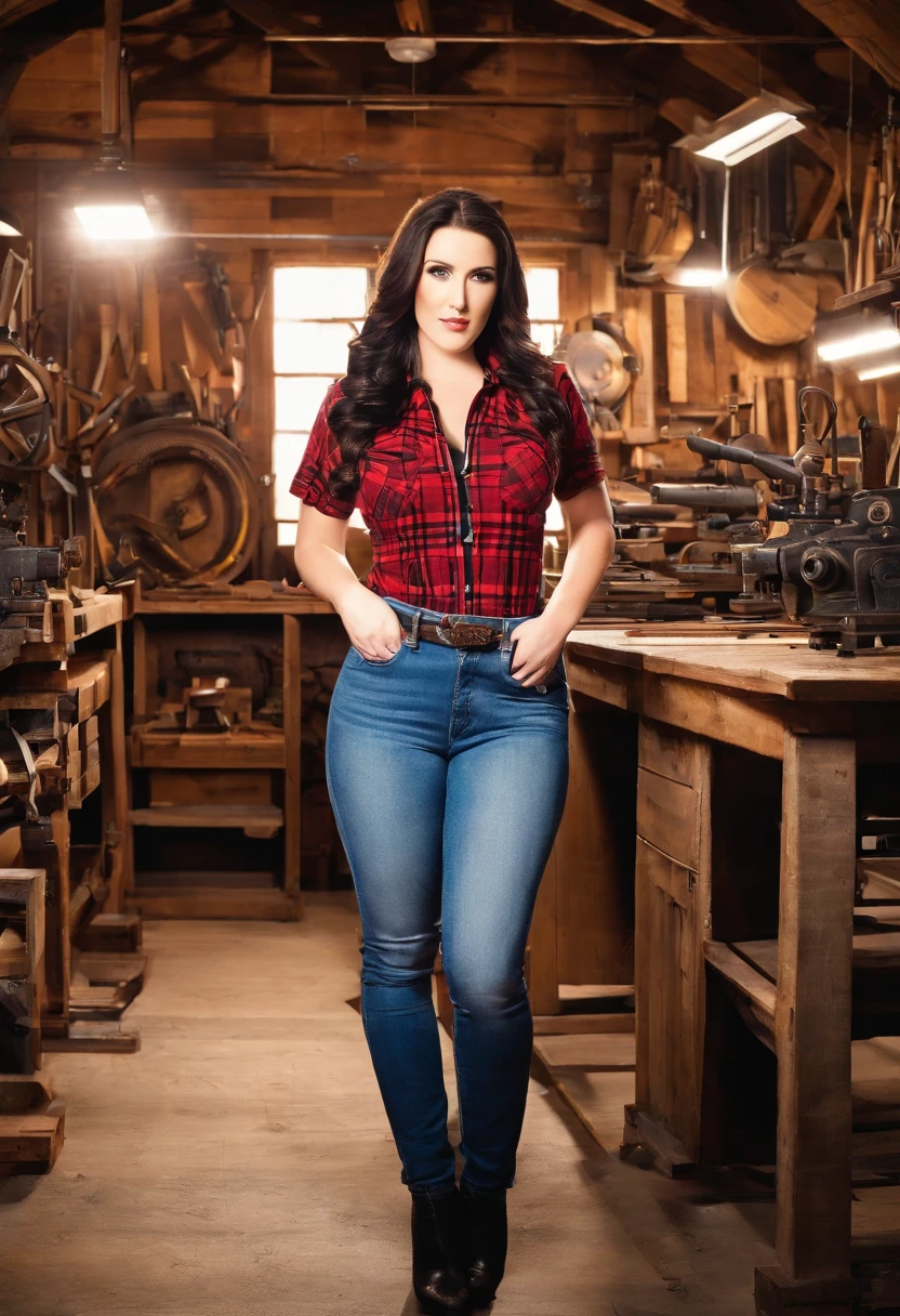hyper realistic photo of Angela White, (Wearing a plaid t-shirt and jeans), in a carpentry shop, artificial light, artificial lighting ((professional quality)), soft shadows, digital photo (filter: lomo) (big boobs) (best eyes)