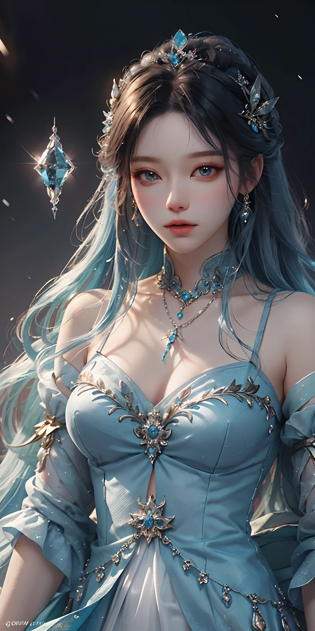 There was a woman in a blue dress,Wearing a necklace, ((a beautiful fantasy empress)), inspired by Sim Sa-jeong, Azure. detailed hairs, winter princess, Ice Princess, Guviz-style artwork, 8K)), fantasy aesthetic!, Guviz, Ice Queen, 8K high-quality detailed art