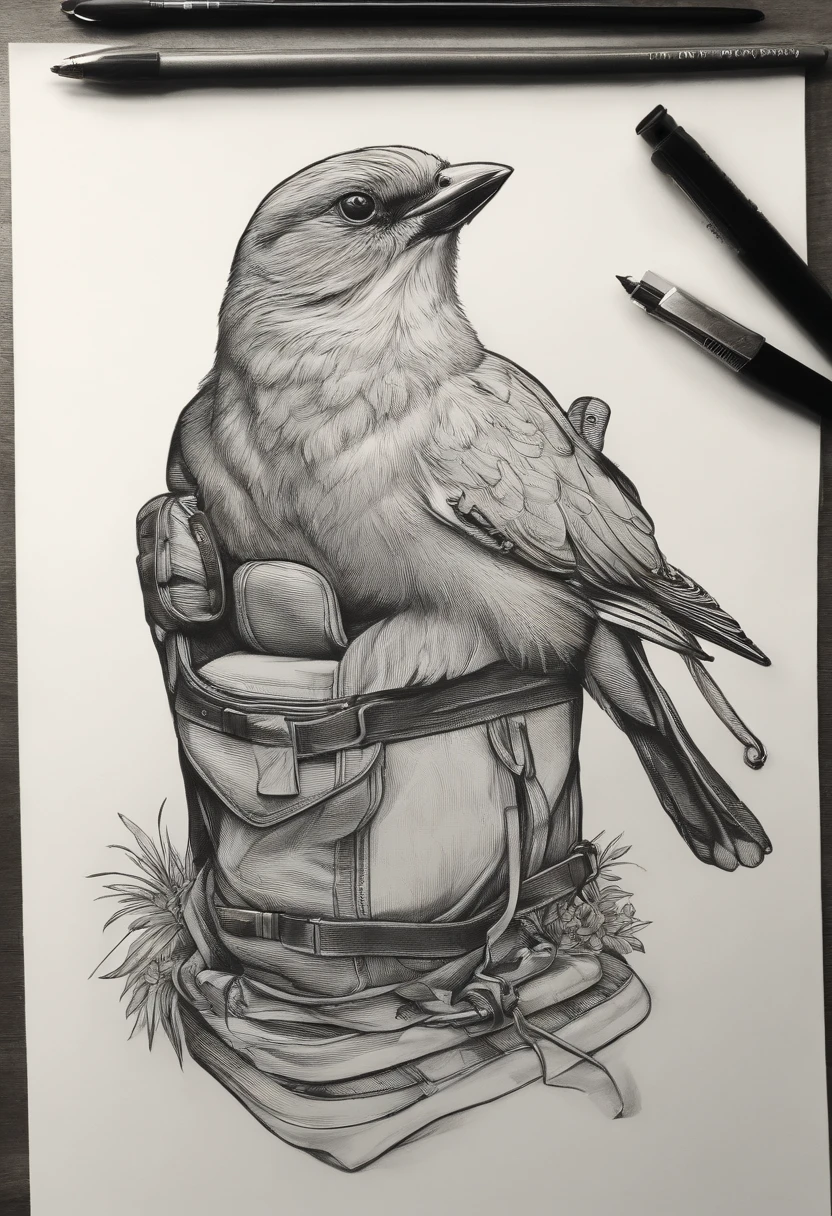 Drawing of a bird with a backpack and a sign, um desenho detalhado inspirado em Alasdair Gray, Vencedor do concurso Tumblr, acontecimento, detalhado, but rough, outline sketch, detailed outline, Wip, concept sketch, com asas. ultra-detalhado, tattoo design sketch, Highly detailed sketch, desenho de contorno, com asas grandes, pincel detalhado, arte conceitual acabada, rough sketch
