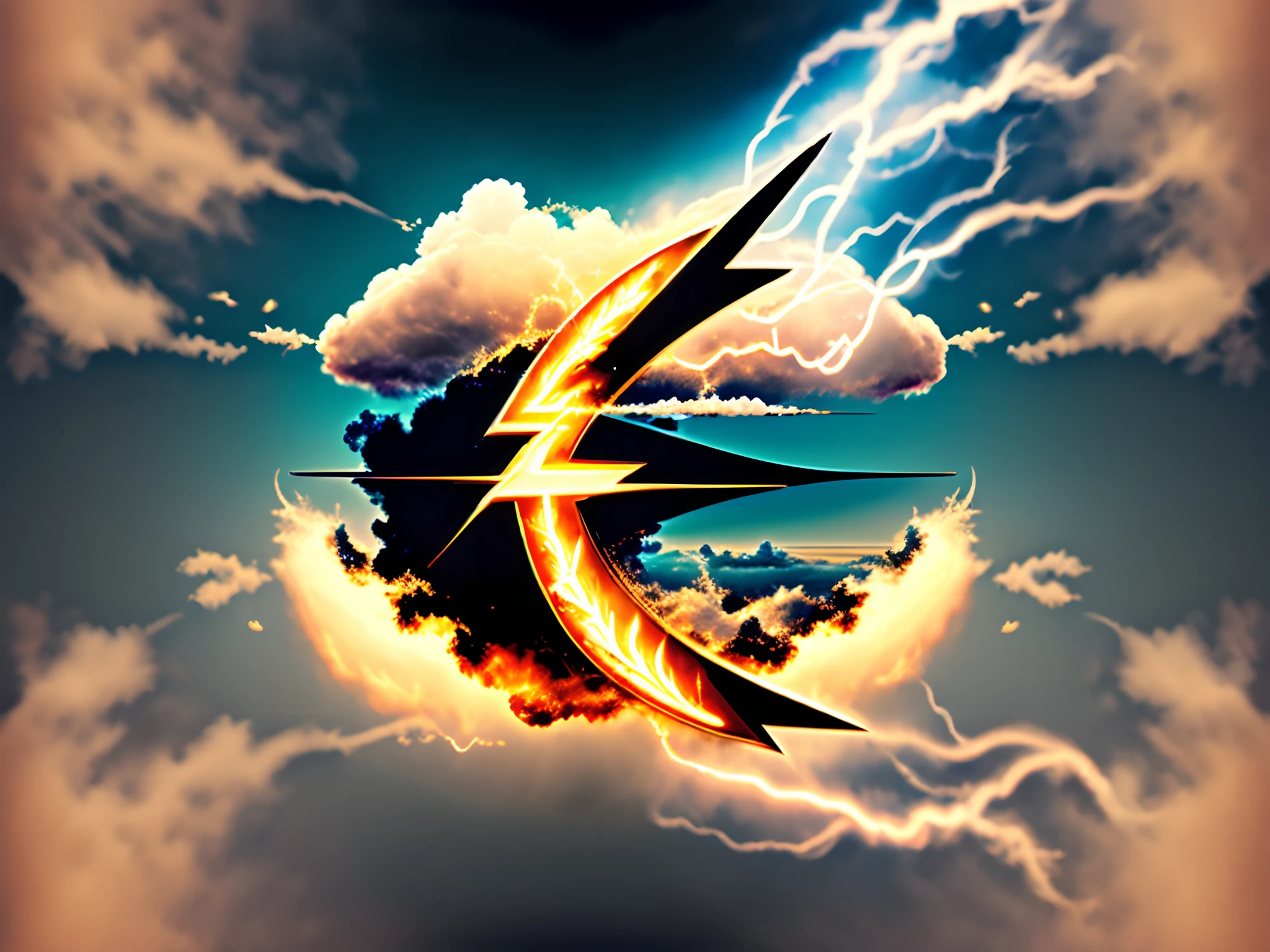 Omega symbol with lightning and clouds