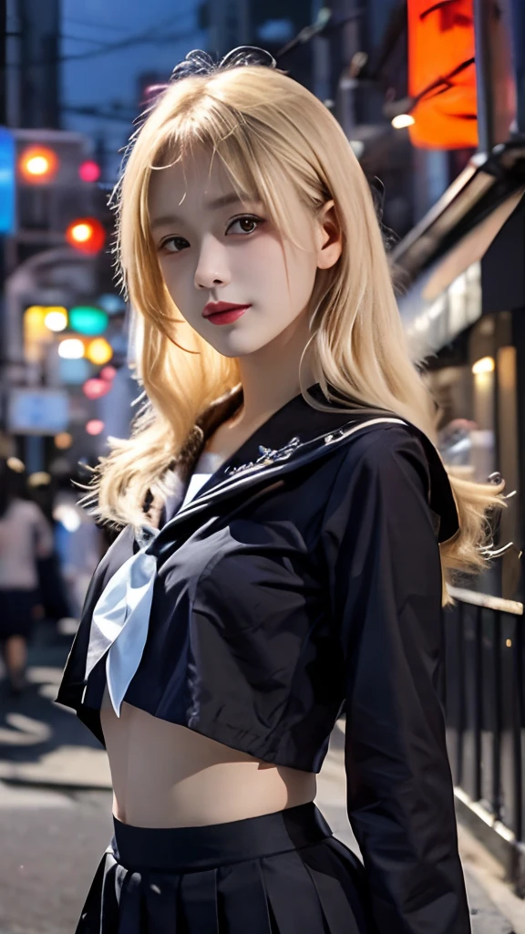 (top-quality), Realistic, (real picture, Intricate details, depth of fields), ((black sailor suit:1.3, no tie, black maxi skirt:1.5, long sleeves)), (age Japanese girl is surrounded by zombies), (standing in Tokyo at late night), (neat face, Parted lips), (blonde wavy hair, long hair, short bangs), (Fair skin), navel, night time, darkness