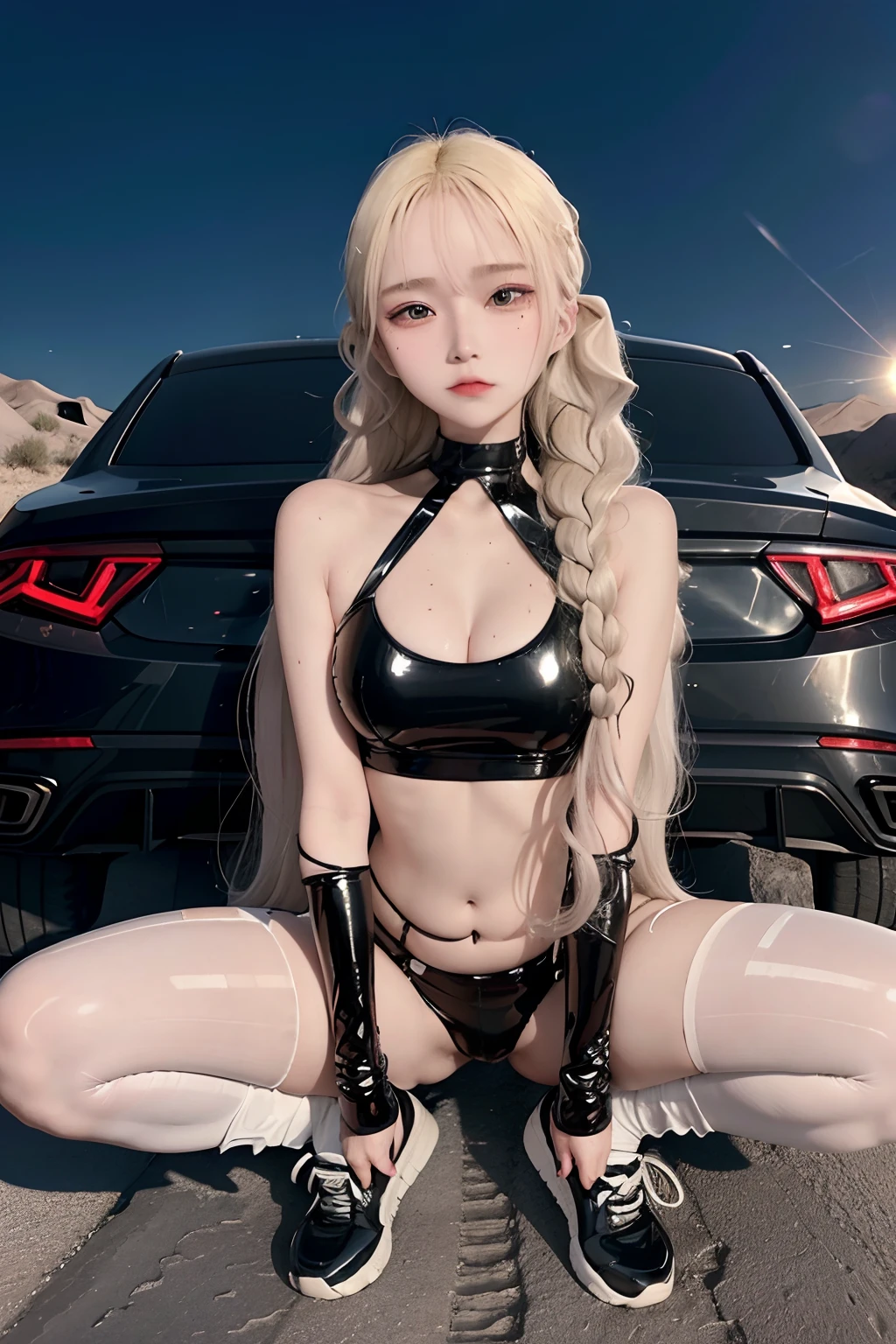 RAW photo, dynamic angle, highly detailed, soft light, (((1girl))), (((solo girl))), black latex outfit, squat with Lamborghini back, on desert road, ((sweaty):1.1), full body, (perfect body figure), (white skin), (pale skin), , freckles, french braid, eyebrows behind hair, from below, god rays, 135mm, anatomically correct, textured skin, super detail, high details, high quality, best quality, highres, masterpiece