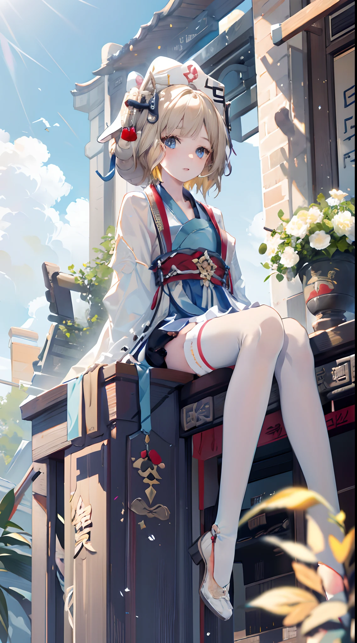 1girll,sandrone, Blonde hair, eBlue eyes ,((Hat)),(((Sitting))),exteriors，blue-sky，flower  field,((Anne Hathaway)),(((Hanfu))),(((white stockings)))