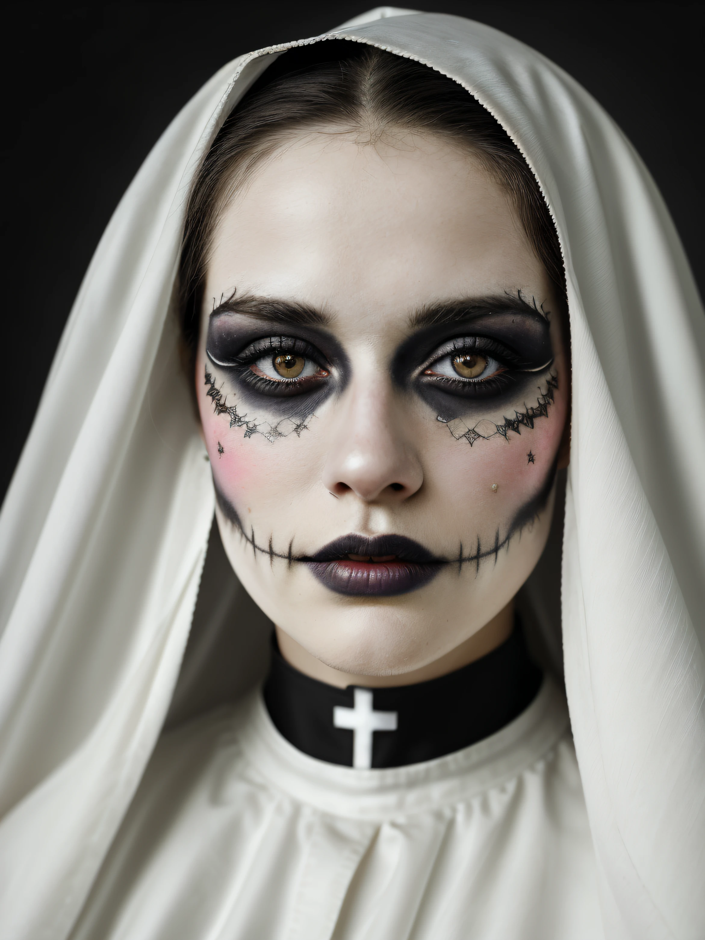 (close-up, photograph, 30 yo nun woman) ( artistic makeup:1.2) (highly detailed face:1.4) (smirk:0.7)long whitr hair，dark themes，soothing tones，pastel colour，hight contrast，（Natural skin texture，ultra-realistic realism，the soft light，Sharp）， nun，(colored makeup Dia de Muertos:1.2) (background inside dark:1.3), by Steve McCurry, canon m50, editorial photograph, f1.8 lens ,black choker ,hyper realistic ,lifelike texture, dramatic lighting , awardwinning photo,