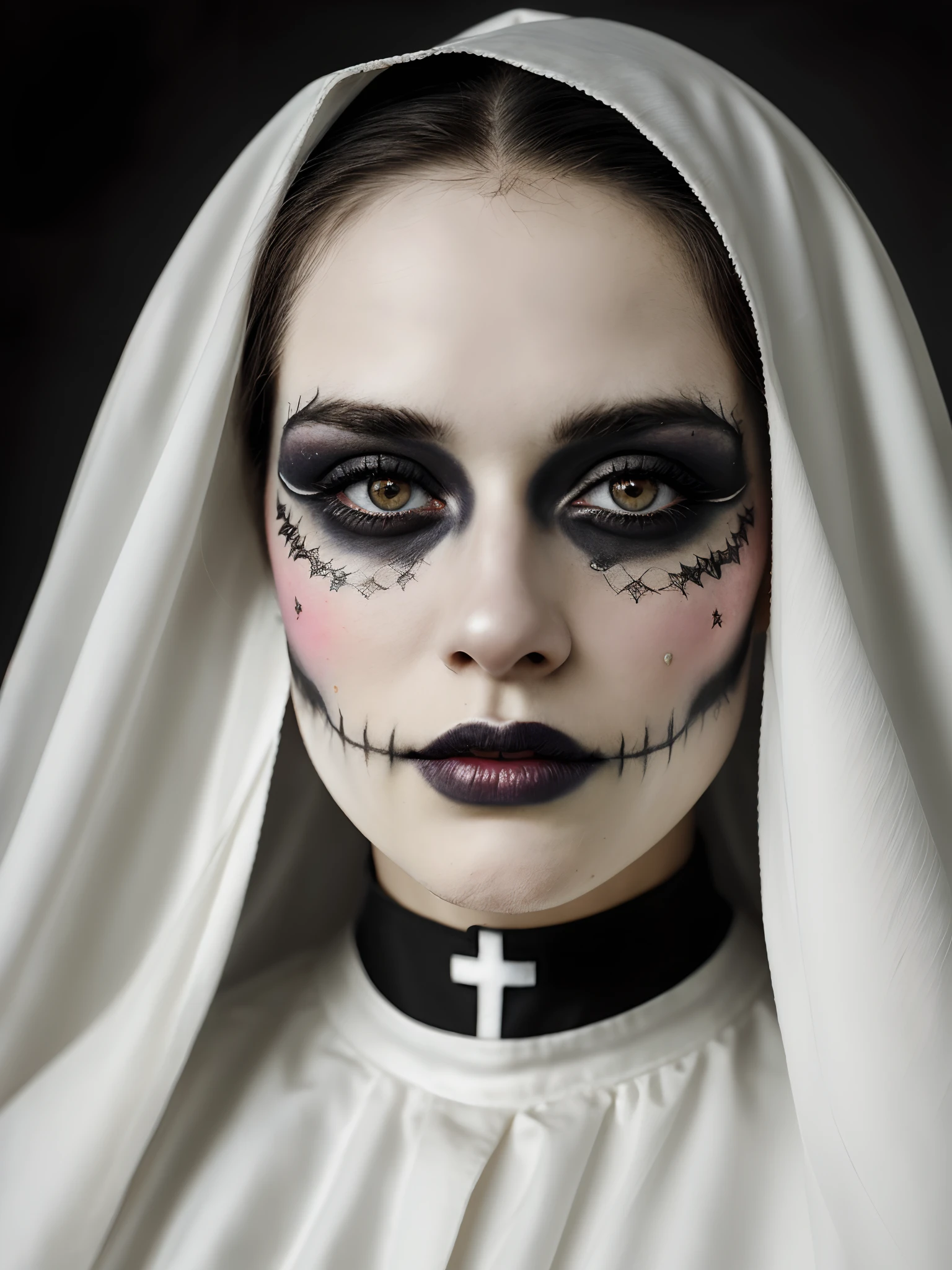 (close-up, photograph, 30 yo nun woman) ( artistic makeup:1.2) (highly detailed face:1.4) (smirk:0.7)long whitr hair,dark themes,soothing tones,pastel colour,hight contrast,(Natural skin texture,ultra-realistic realism,the soft light,Sharp), nun,(colored makeup Dia de Muertos:1.2) (background inside dark:1.3), by Steve McCurry, canon m50, editorial photograph, f1.8 lens ,black choker ,hyper realistic ,lifelike texture, dramatic lighting , awardwinning photo,