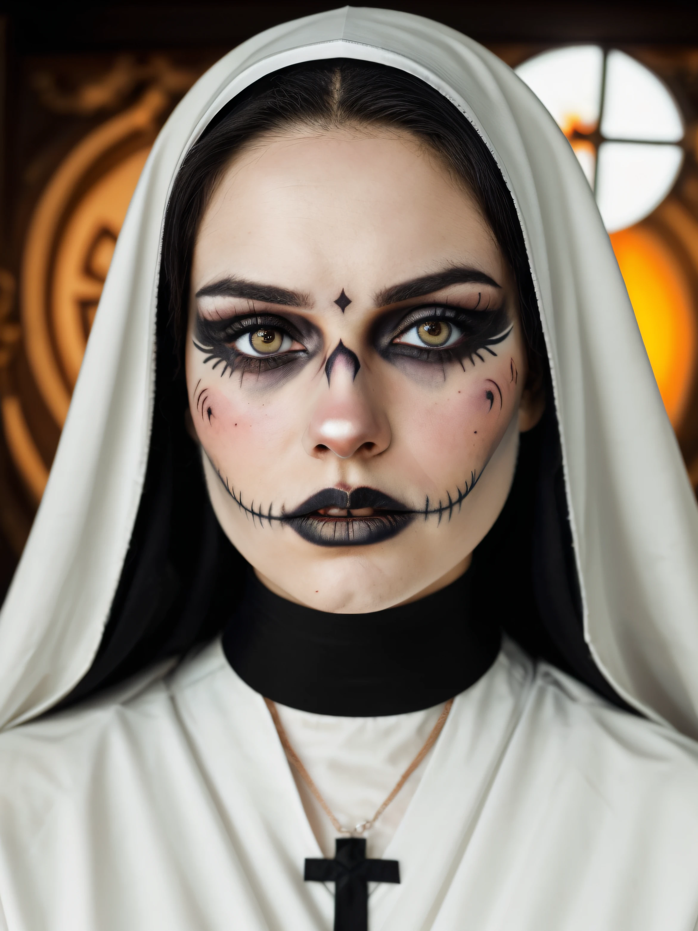 (close-up, photograph, 30 yo nun woman) ( artistic makeup:1.2) (highly detailed face:1.4) (smirk:0.7)long whitr hair,dark themes,soothing tones,pastel colour,hight contrast,(Natural skin texture,ultra-realistic realism,the soft light,Sharp), nun,(colored makeup Dia de Muertos:1.2) (background inside dark:1.3), by Steve McCurry, canon m50, editorial photograph, f1.8 lens ,black choker ,hyper realistic ,lifelike texture, dramatic lighting , awardwinning photo,
