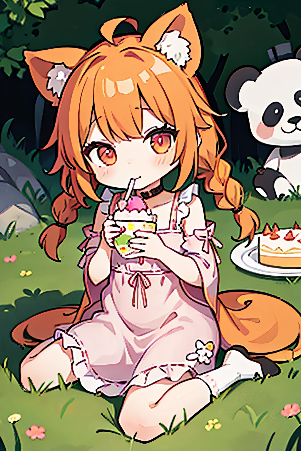 1 chibi girl, orange braided hair, panda ears and tails, wearing a pink mini flowy dress, sitting in the grass eating a piece of cake, spoon in her mouth, full body