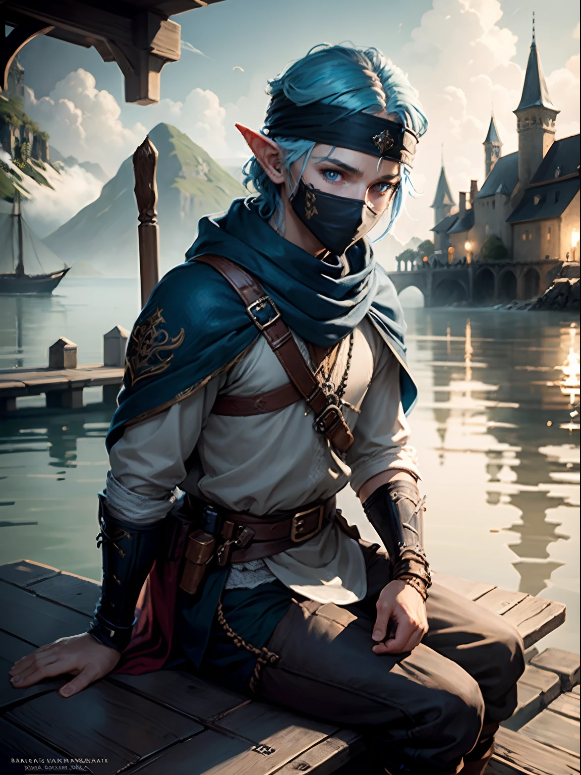 boy,,young,beautiful,clean face,beautiful face,detailed face,elf,12 yeely detailed eyes,skin light tone,blue hair,blue eyes, intricate details, portrait, looking at viewer, solo, (full body:0.6), detailed background, detailed face, face covered by bandana, smuggler, (tattoos:0.9), dynamic pose,dark wizard clothes,best quality, masterpiece, ultra high res,high fantasy medieval setting, medieval sitting on a medieval pier background, stealth,fog