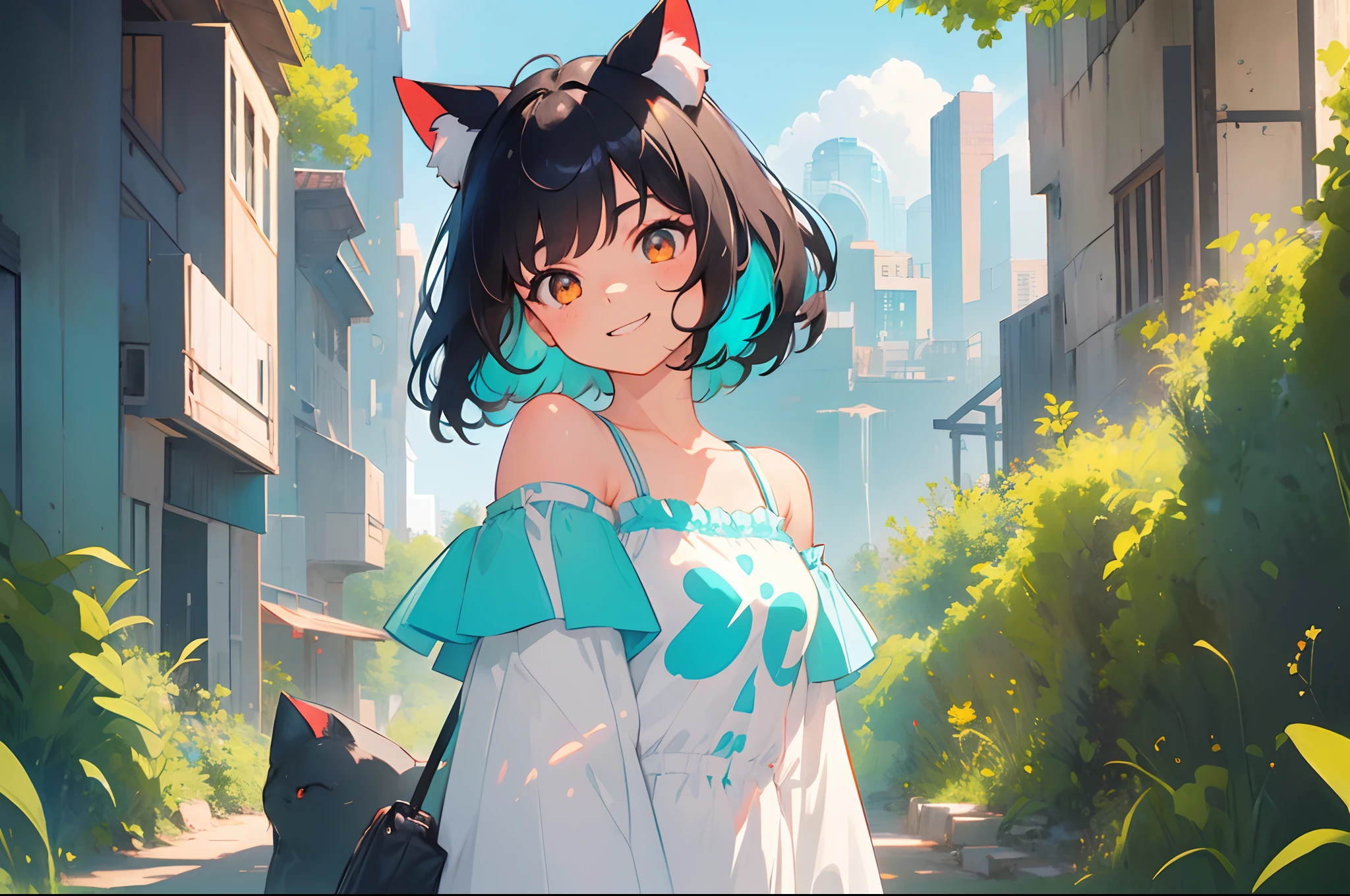 ((half-body portrait of a solo catgirl, nekomimi)), ((short black hair in a fluffy wavy bob-cut with turquoise highlights)), (bangs with turquoise highlights), smile, side glance, masterpiece, red eyes, futuristic ruins in the background, (one-side off-shoulder shirt), head tilt, vivid colors, extra long sleeves, extremely happy, windy, perfect face, facing forward, night, broken machines, dark