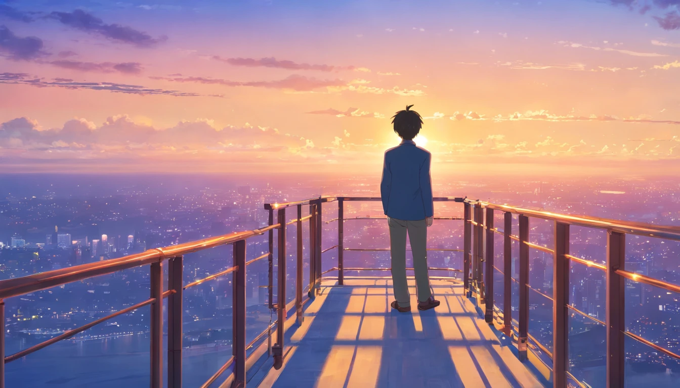 50 year old man standing on a railing with p, Mirando la puesta de sol, Vista del atardecer, Foto tomada el 2 0 2 0, al atardecer, night time setting, al amanecer, mientras el sol se pone en el horizonte, panorama view, con una mochila