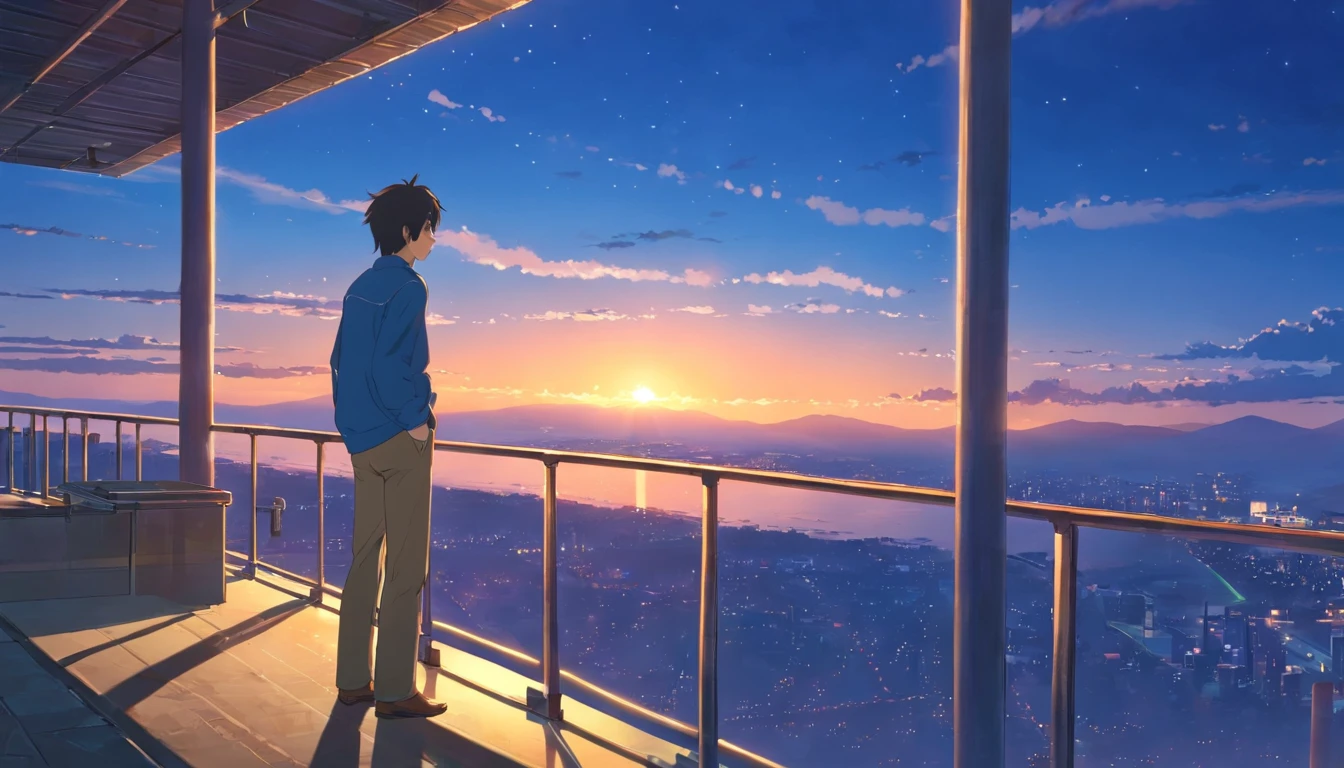 50 year old man standing on a railing with p, Mirando la puesta de sol, Vista del atardecer, Foto tomada el 2 0 2 0, al atardecer, night time setting, al amanecer, mientras el sol se pone en el horizonte, panorama view, con una mochila