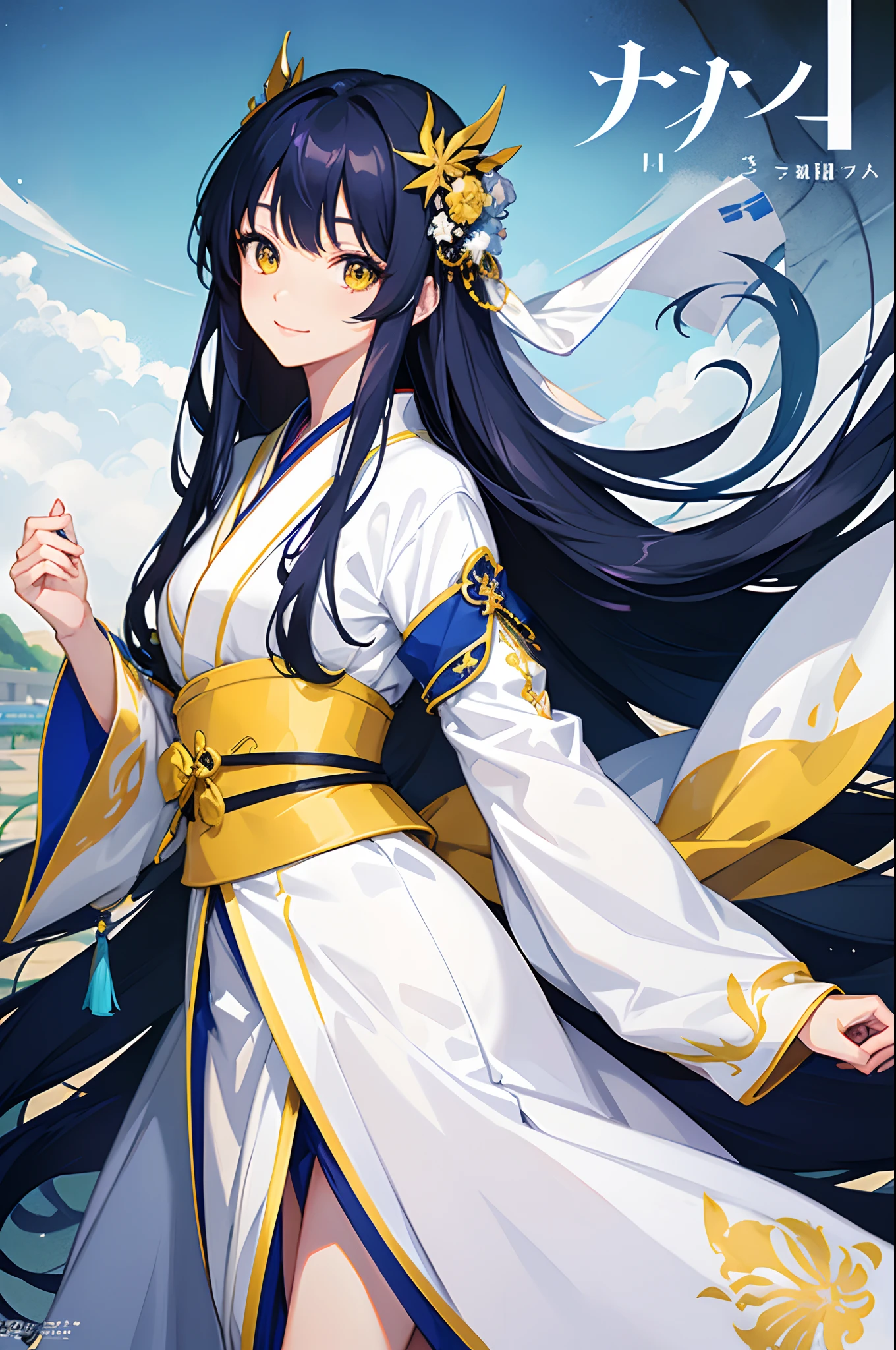 Cover magazine, anime, woman, solo, long hair, dark blue hair, yellow eyes, model, beautiful, upper body potrait, fantasy, lady, princess, in Japanese style, white kimono, hair accessories, smile