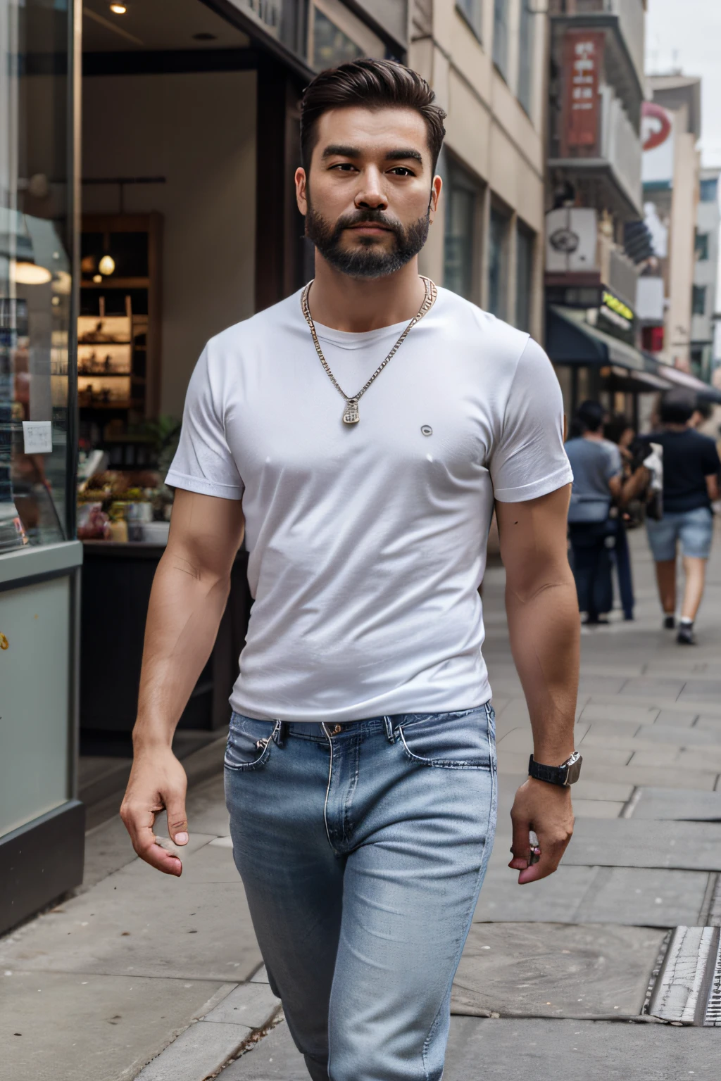 Highly detailed, High quality, Masterpiece, 1 man,Full body like,Chinese military face shape,little beard,short detailed hair,Robust,Walking down the street, Happy expression,little beard,White T-shirt, denim pant,(Casual wear: 1.1), casual pants, Sneakers, (Silver necklace: 1.2), People and storefronts in the background, Outdoors, Sunny day.