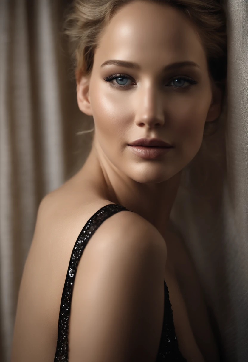 American actress Jennifer Lawrence (ผู้หญิงเปลือยกาย), Wear a see-through dress.(Girl without clothes), bedroom, Good lighting 10, bright skin, Extra Focus, Beautiful, (No skirt), (), (huge breast), (Beautiful nuisance...) Full naked body, Fair-skinned, , 10, Super Detailed., Perfect body, so pretty, wet, Beautiful Vargina in