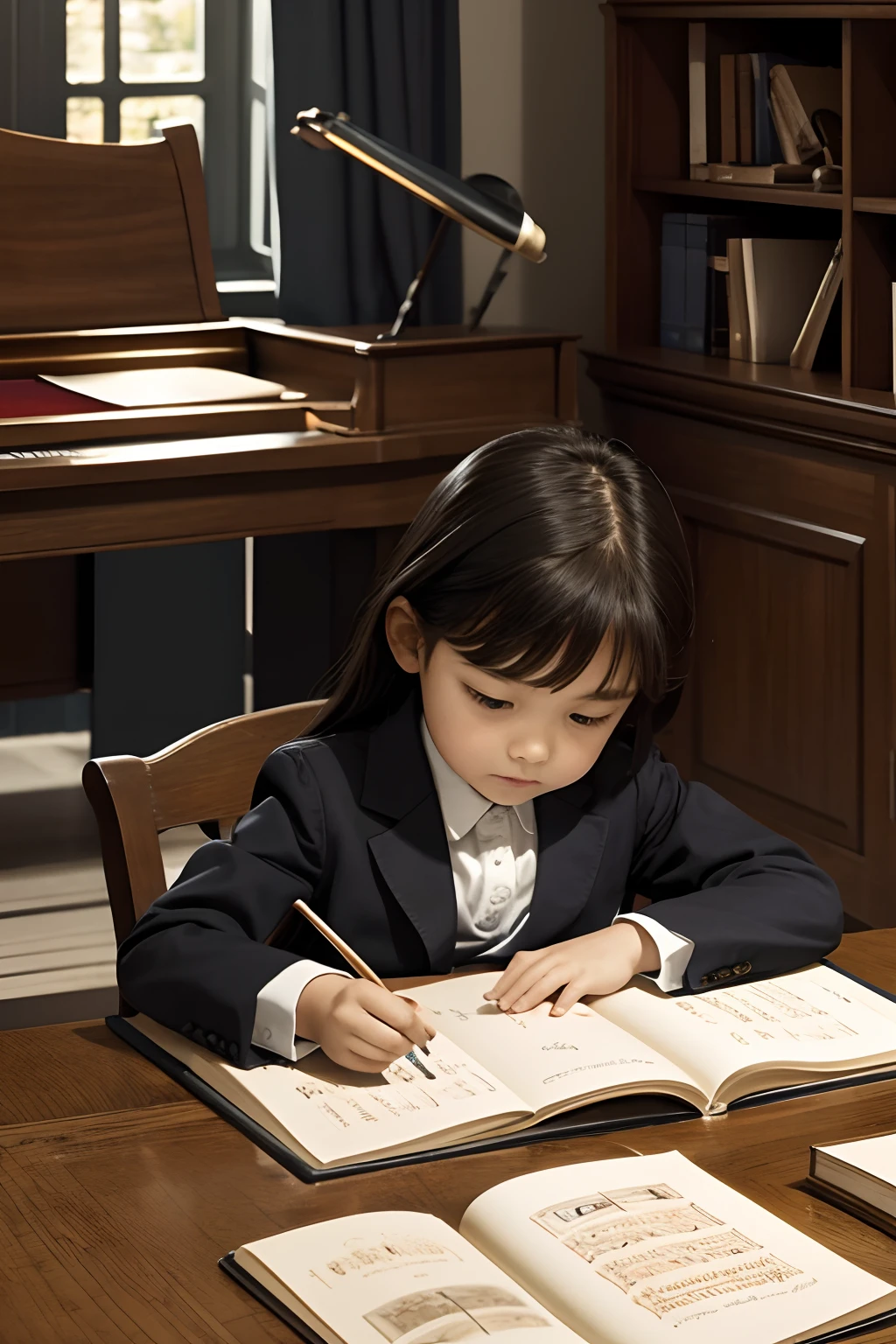 The  does homework at the desk，Books are piled on the table.  piano in the background, Violins and other musical instruments