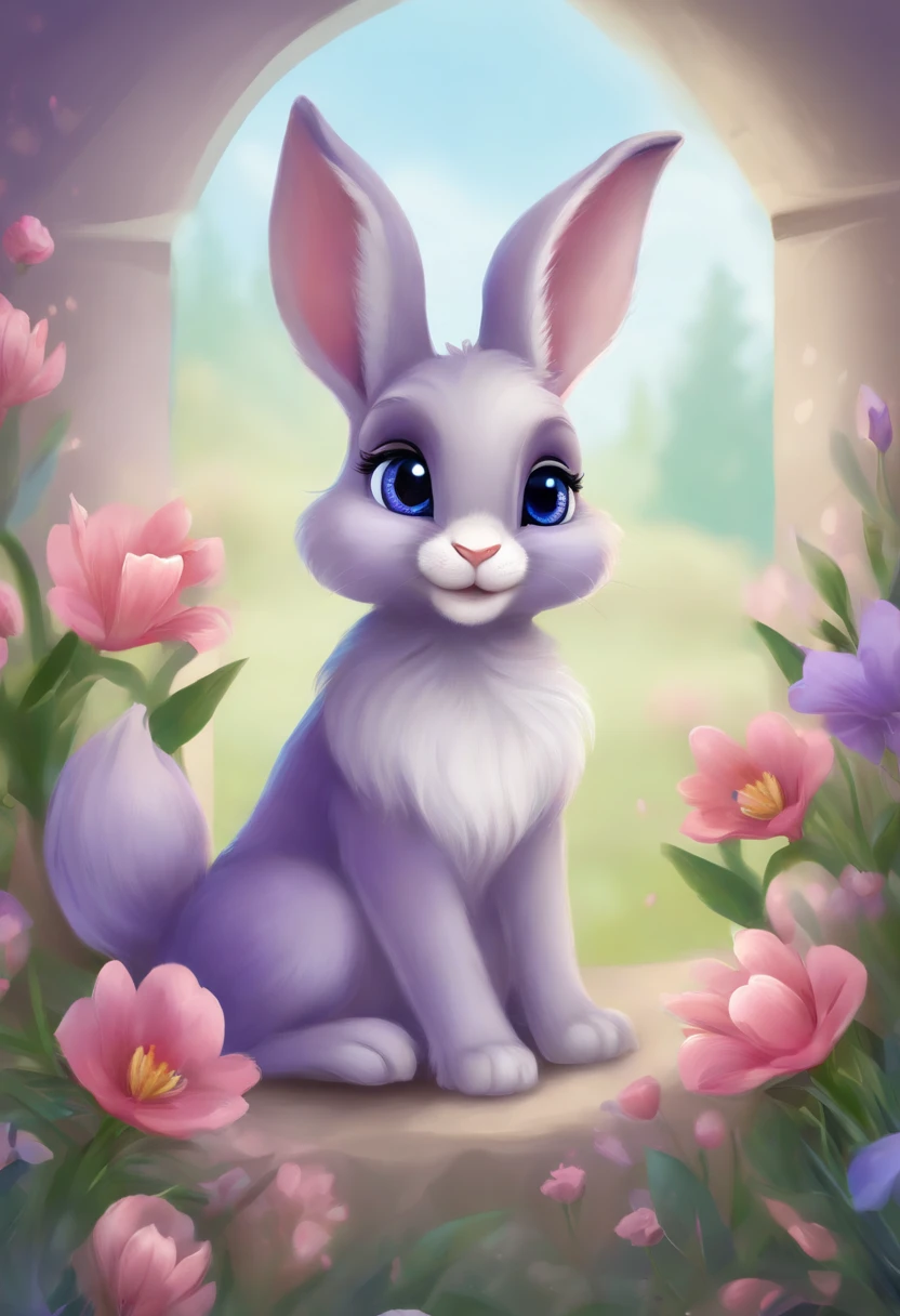 With a cute bunny, small ears, Blue eyes, Looking forward, Purple background, Flowers, vases, Caroline Chariot Diez Pastel, Tumbler, furry art, elokitty, Disney's Bambi, Furry Disney style, Floating ears, fluffy tail, Fluffy ', Cute!!!, High resolution, furry art!!! Small size