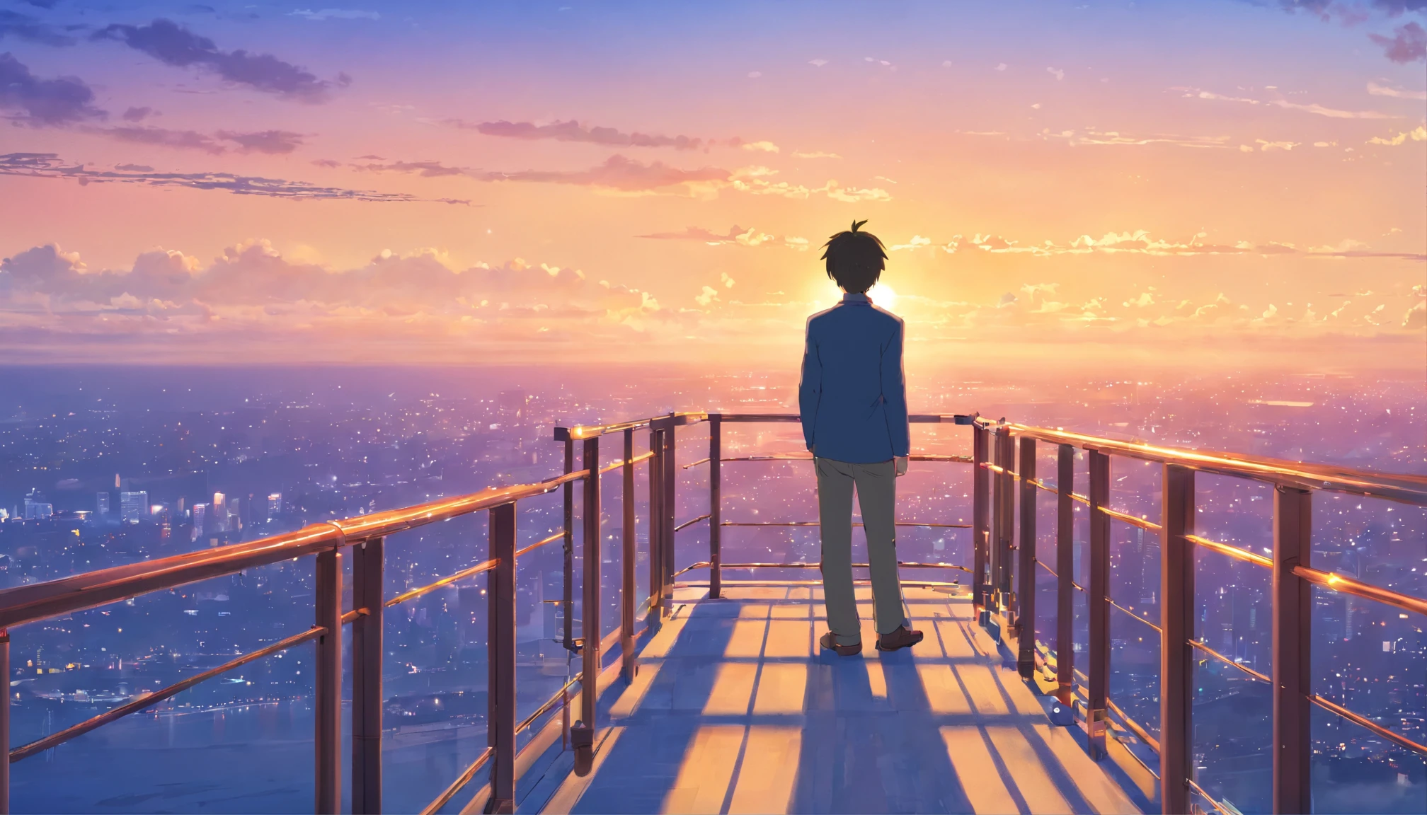 50 year old man standing on a railing with p, Mirando la puesta de sol, Vista del atardecer, Foto tomada el 2 0 2 0, al atardecer, night time setting, al amanecer, mientras el sol se pone en el horizonte, panorama view, con una mochila