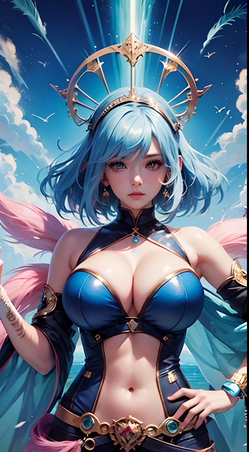 Girl with blue-pink hair and peacock feathers, Inspired by Narai Hikokun, CGSesociety, 🌺 Anime style. 8K, Anime style 3D, Popular on CGstation, 8k high quality detail art, Guvez style artwork, Fantasy art style, Realistic anime 3D style, Anime inspiration, Anime style mixed with Fujifilm,(huge tit,gigantic cleavage breasts)
