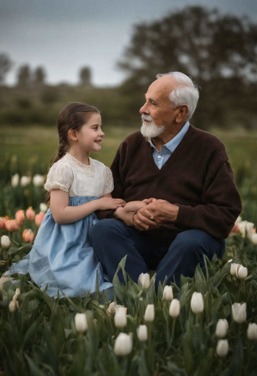abuelo y su nieta de espaldas, Amanecer, pradera, tulipanes azules. Grandfather has light cream skin color and his granddaughter has black hair with pale white skin color in a blue dress sitting on the grass. abuelo tiene rostro rectangular es un poco gordo