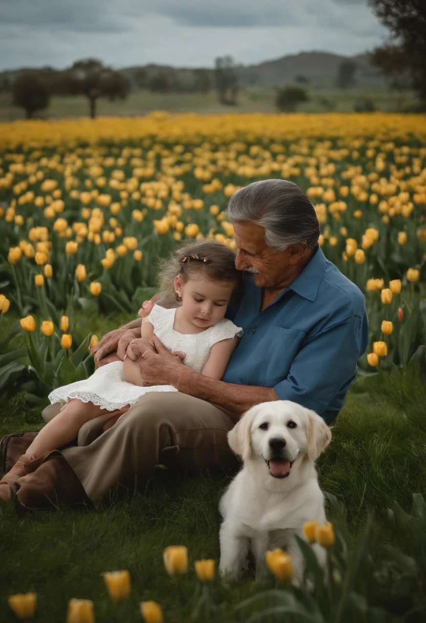 abuelo y su nieta de espaldas, Amanecer, pradera, tulipanes azules. Grandfather has light cream skin color and his granddaughter has black hair with pale white skin color in a blue dress sitting on the grass. abuelo tiene rostro rectangular es un poco gordo