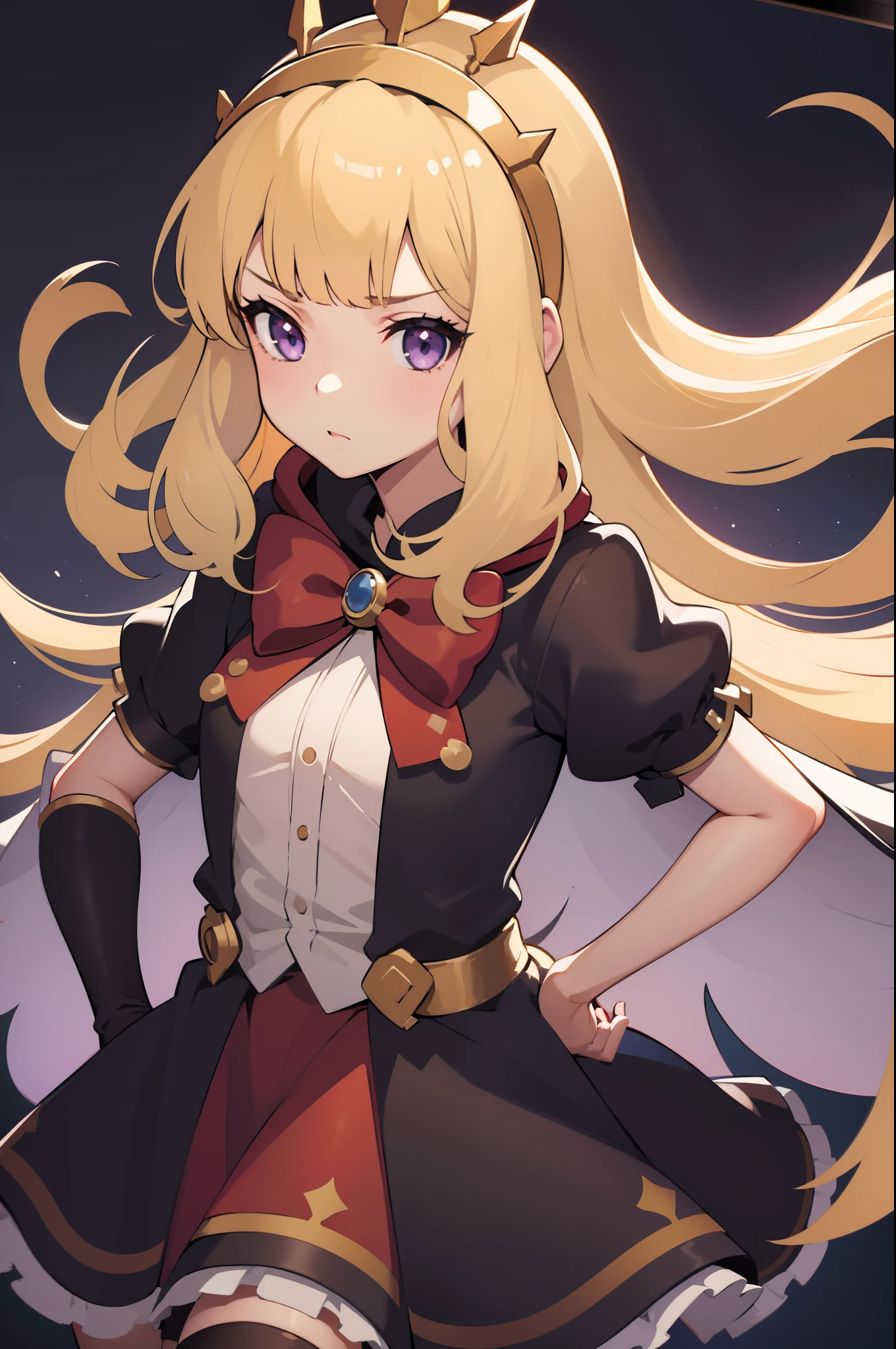 1girl, solo, close-up shot, blonde hair, purple eyes, Cagliostro, long hair, CagliostroBase, hairband, crown, black thighhighs, red bow, red skirt, cape, small breasts, serious, neutral, hand on hips, upper body, looking at viewer, indoors, straight up shot, dark room, dungeon, scenery, black lights white lights, masterpiece, illustration, 8k, best quality