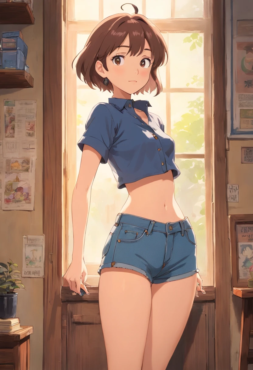 Rooms without sunlight、Interior without windows、Natural lighting、infp young woman、Front image from the top of the head to the thigh、　Blouse with unbuttoned top、Low-rise jeans underneath、Slimed、Nostrils are not pointing upwards、Thin, sinewy nose、Slender eyes、　Slightly dark-skinned、thin lipss、the navel is clearly visible、The navel does not hide in jeans、Makeup is light、The model does not receive sunlight、Keep your eyes too far apart、
