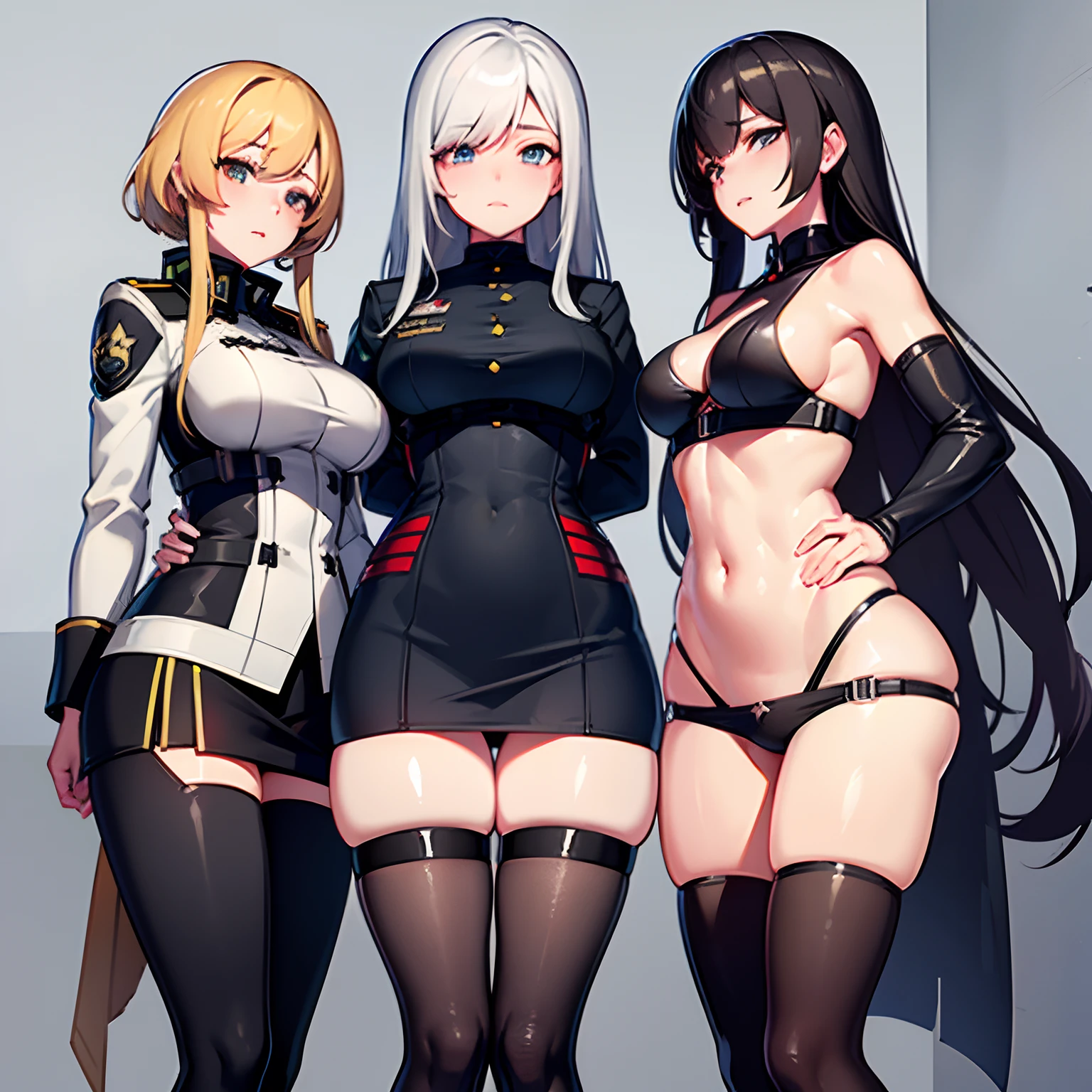 tres mujeres sexys en uniformes militares posando para una foto, Detalles finos. girls frontline, girl front line style, Tendencias en CGVatstation, Artgerm extremadamente detallado, Guweiz en Artstation Pixiv