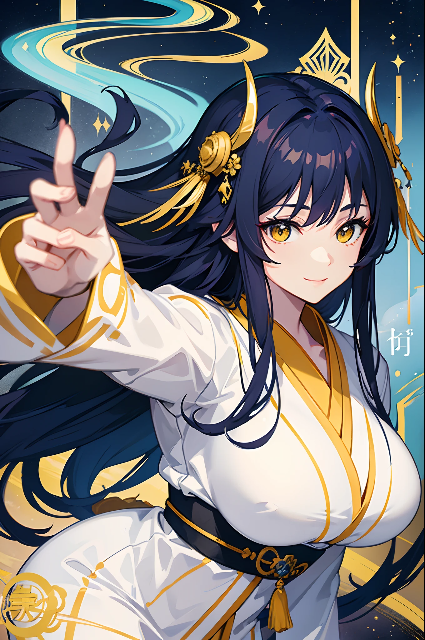 Cover magazine, anime, woman, solo, long hair, dark blue hair, yellow eyes, model, beautiful, upper body potrait, fantasy, lady, princess, in Japanese style, white kimono, hair accessories, smile