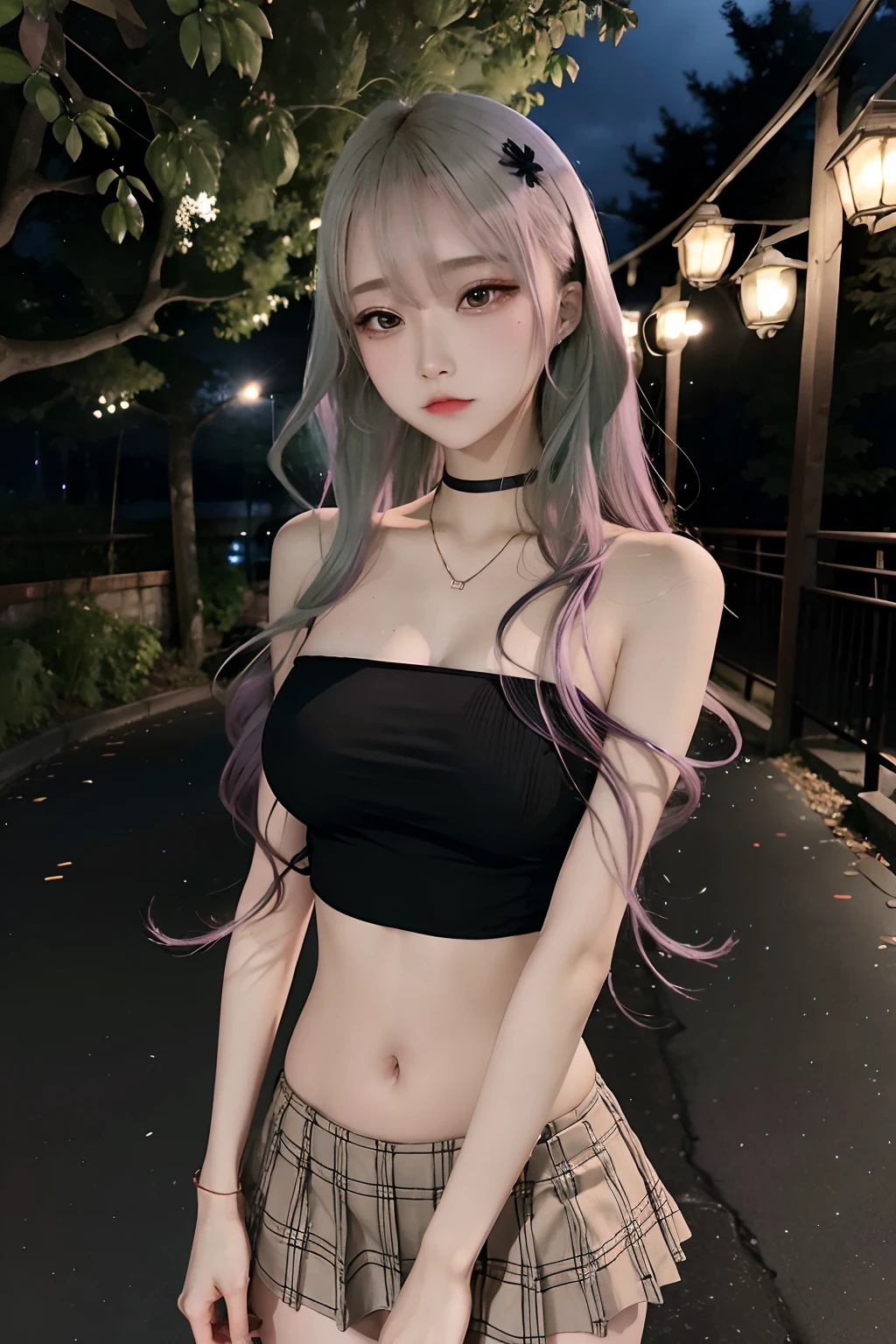 1 girl, Best Quality, masutepiece, High resolution, [Purple|bamboo grass|Green] _hair, Black miniskirt, hairaccessories, Necklace, Jewelry, Beautiful face, Looking forward, full-body view, Realistic, plein air, Modern Square, Two-tone lighting, (High Detail Skin: 1.2), 8K UHD, Digital SLR, Soft light, High quality, Volumetric Lights, Candid, Photo, High resolution, 4K, 8K, Background blur