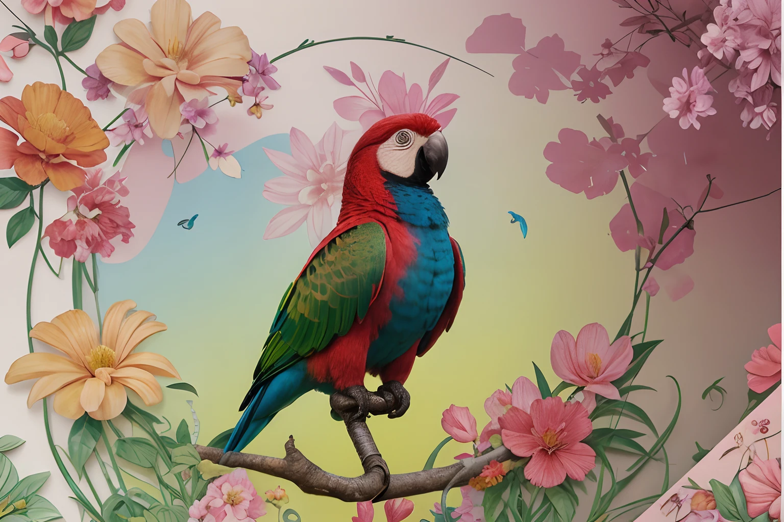 A colourful parrot in a flower background .kirigami style