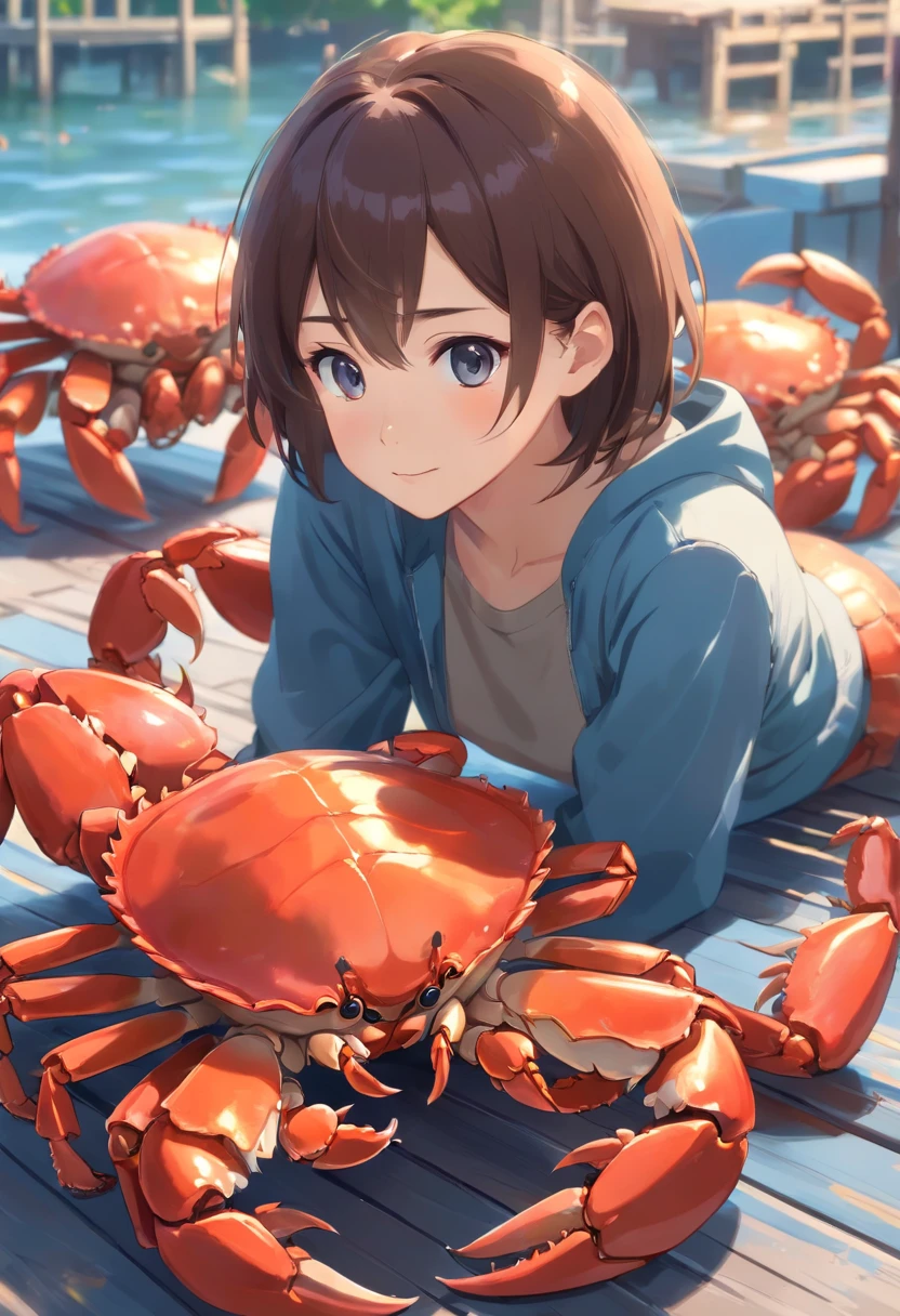 Woman with a crab crotch,barechested,standing up,