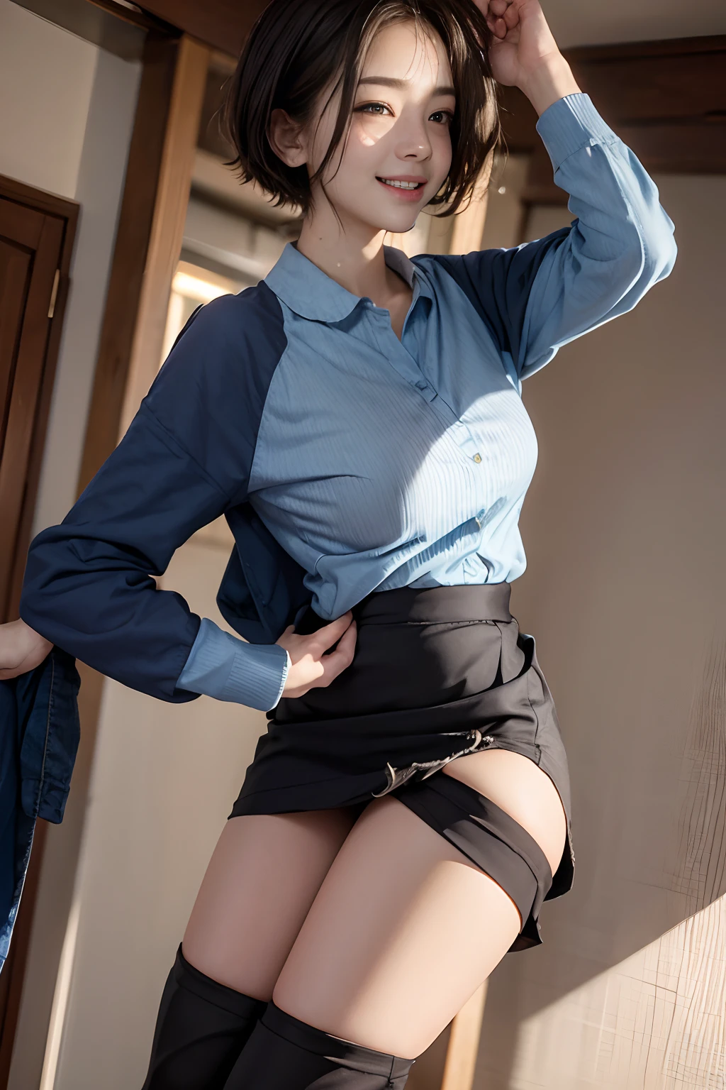 Pubic hair grows、Smile full of happiness、((Pull up the miniskirt:1.3))、、Panting face、Lacking、Sweating、Expression in a state of excitement、short-hair、eye glass, 19Year old woman, Father slapped his ass, Midnight, in a house, Shout, Midnight, masterpiece, Realistic, hightquality, Clean clothes, Slender body, Woman Rolled Up Her Skirt by Her Father