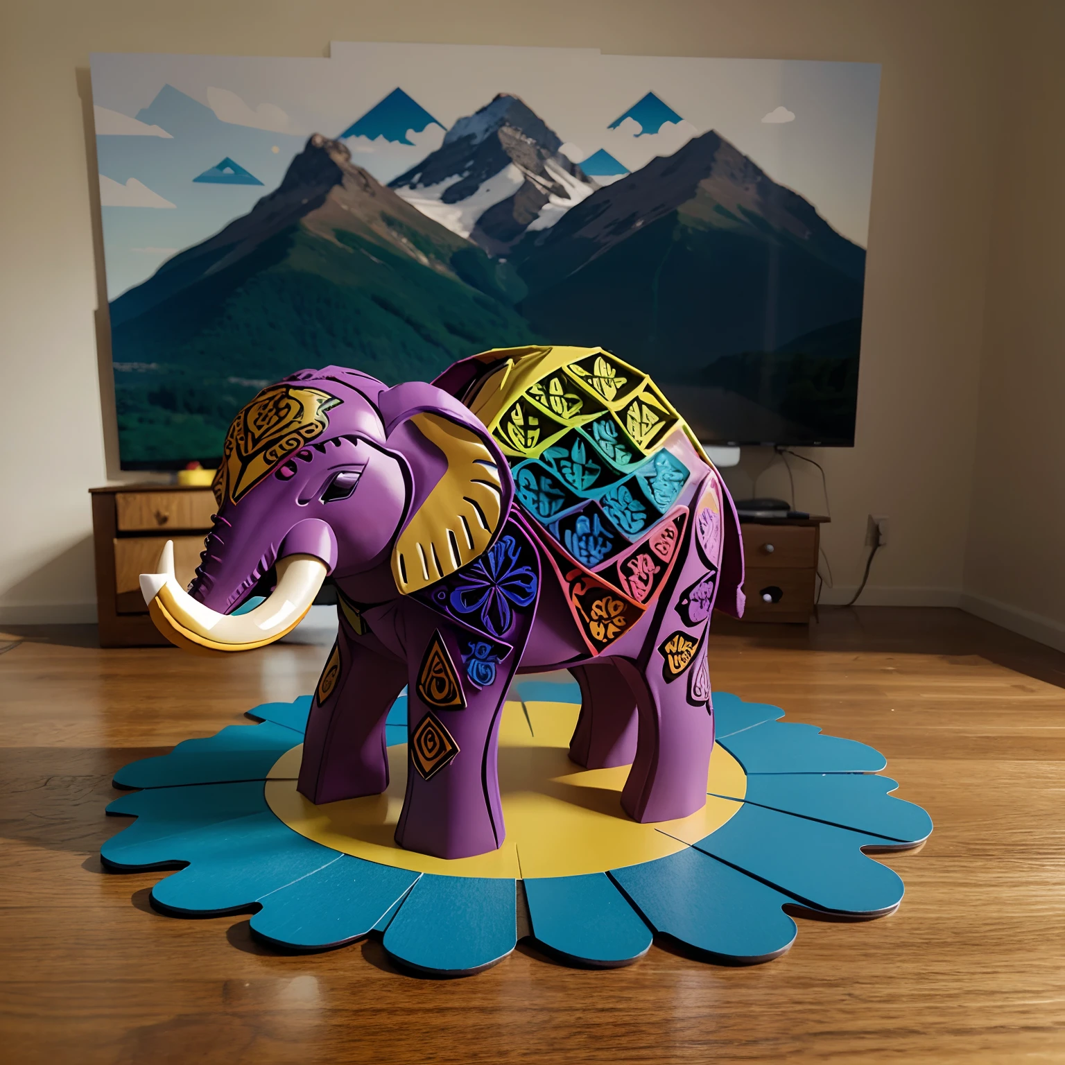 create a multicoloured colourful elephant in background
mountain kirigami style