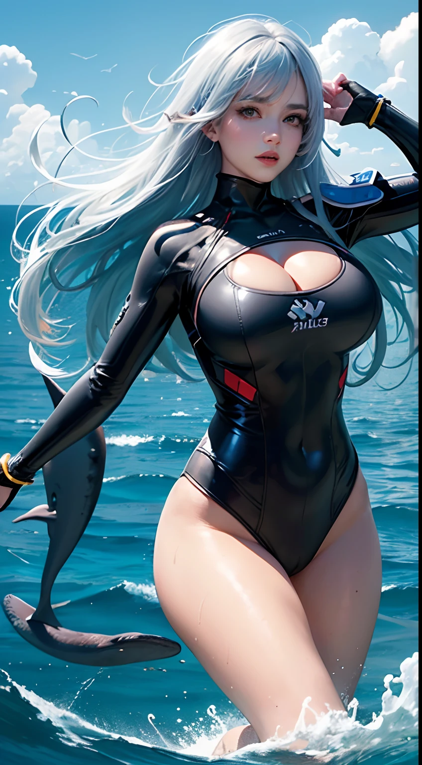 (Masterpiece, Best quality, Ultra-detailed, Best shadow), (Beautiful detailed face:1.3),(Solo), (Family_friendly:0.8),High contrast, Ultra-high resolution,(1 Girl at the bottom of the sea:1.6),(Dive and pet whales:1.3),full bodyesbian, wet suit,Refracted light from above,Glowing_Light,Bright seaweed,colorful coral, Looking_afar, tropical fishes,(Turbulence interferes with hair:1.2),([Blue|Silver] Hair:1.1) (huge tit，gigantic cleavage breasts)