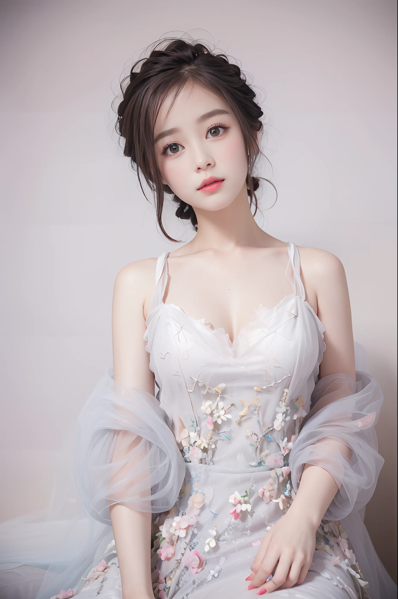 best qualtiy， tmasterpiece， 超高分辨率， realisticlying， 1girll， bshoulders， ssmile， Oversized_Sweater， gentlesoftlighting， Delicate skin， brown  hair，(Beautiful breasts)，(Close both eyes:1.2)，