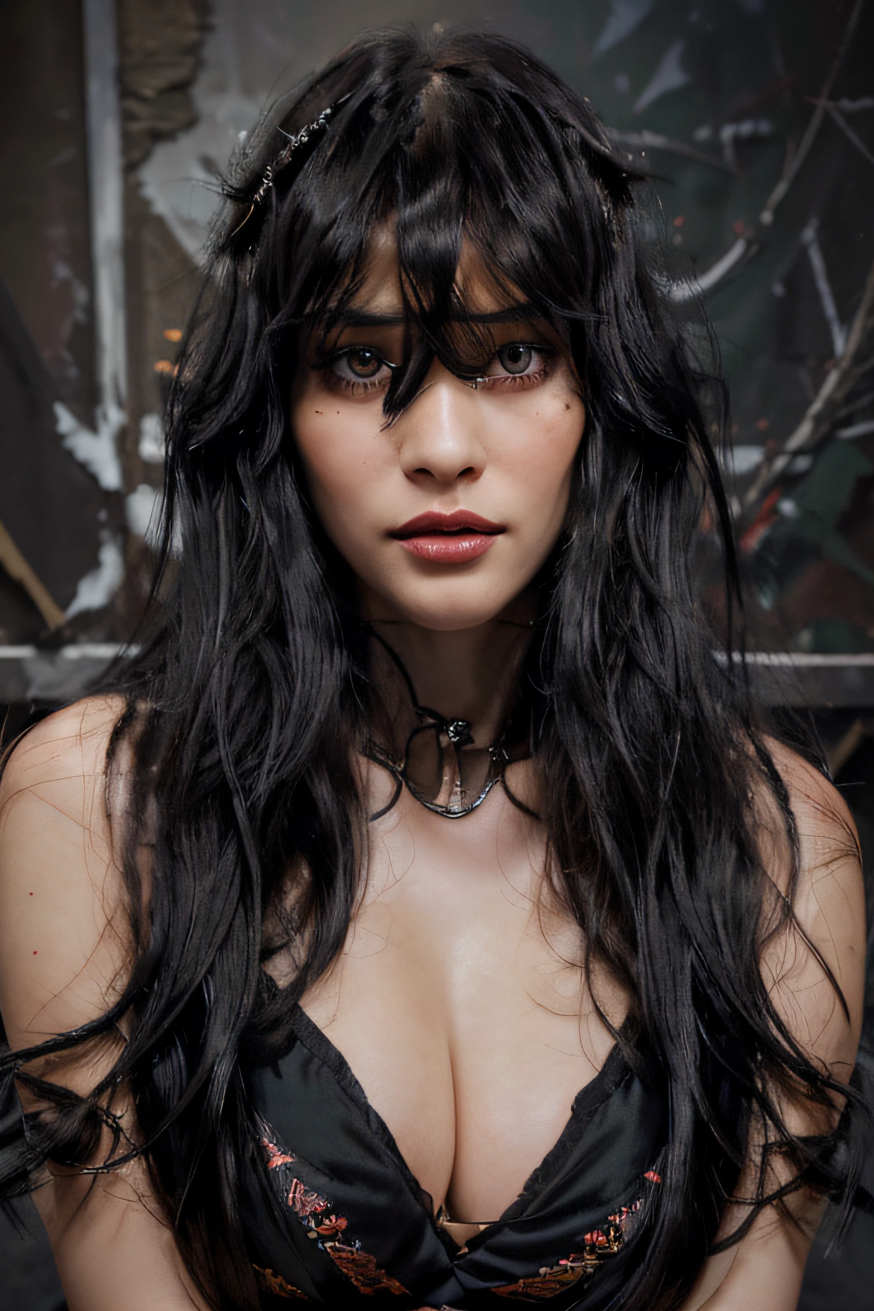 (Best quality:1.3),4K,8K,8K portrait,16 k,(masterpiece:1.2),1girl in, Solo,(Maximalism:1.5), ultra - detailed, absurderes,(Very detailed beautiful face and eyes:1.3), (Beautiful hair in high detail:1.3),Delicate composition, (portrait),(staring straight into camera), (Very very very large rounded breasts), Super sexy girl,(Long Dark Black hair with bangs:1.6), Clear Bright blue eyes, (extra long eyeslashes:1.2),(Ultra-high resolution) (Seductive) (full thick lips, blood red lipstick) Slight seductive smile,