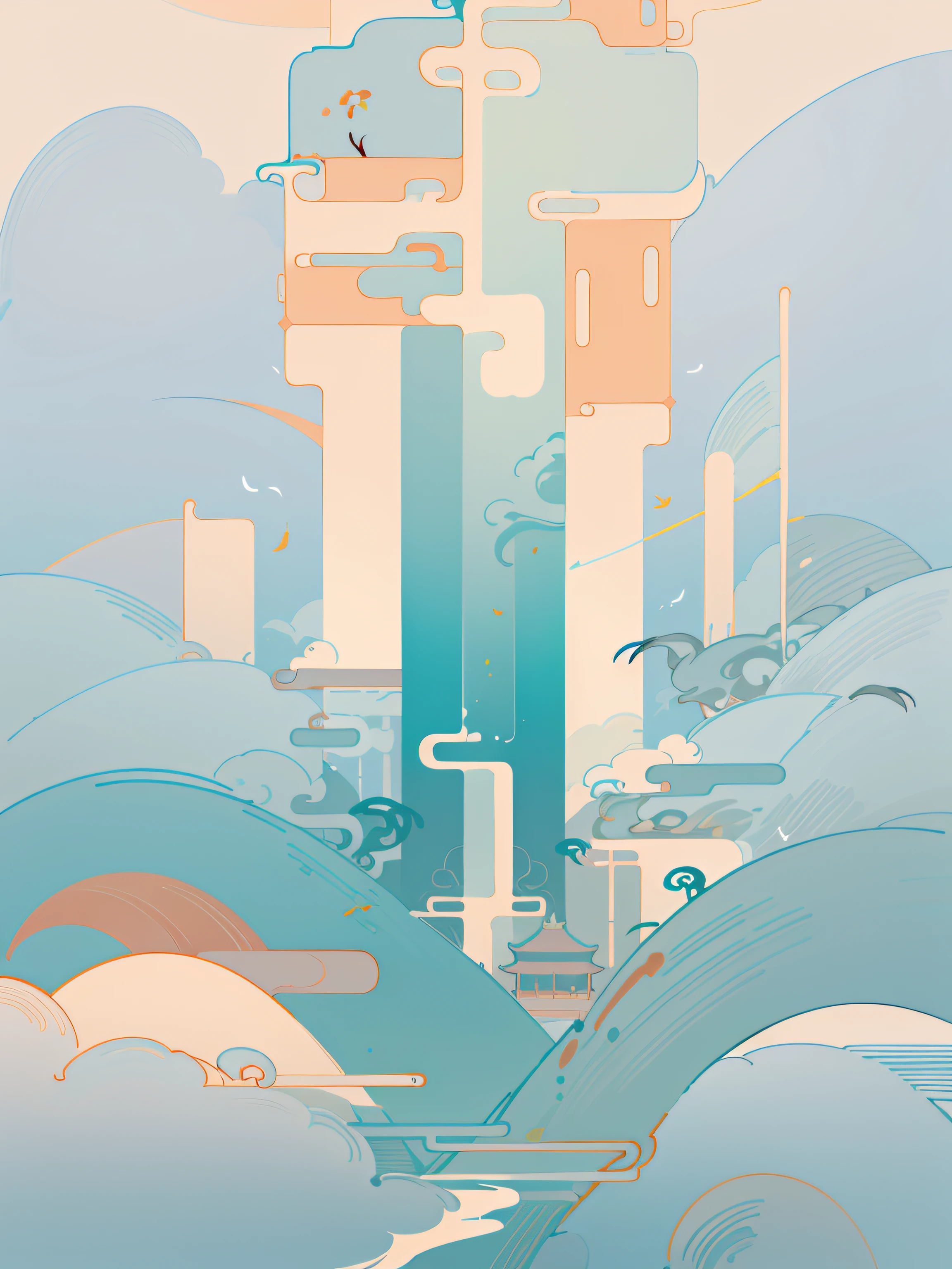 abstract paintings, ( Amy Sol style), (springtime, teals,Chinese herbal medicine, ancient buildings of China), Light abstract cover art, Simple vector art, Contemporary Chinese art, Color yellow to green gradient, Soft color palette, Hierarchical form, The style is ethereal and abstract, 4K, --v6