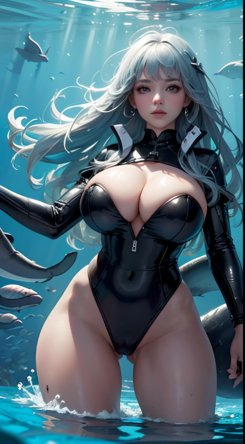 (Masterpiece, Best quality, Ultra-detailed, Best shadow), (Beautiful detailed face:1.3),(Solo), (Family_friendly:0.8),High contrast, Ultra-high resolution,(1 Girl at the bottom of the sea:1.6),(Dive and pet whales:1.3),full bodyesbian, wet suit,Refracted light from above,Glowing_Light,Bright seaweed,colorful coral, Looking_afar, tropical fishes,(Turbulence interferes with hair:1.2),([Blue|Silver] Hair:1.1) (huge tit，gigantic cleavage breasts)