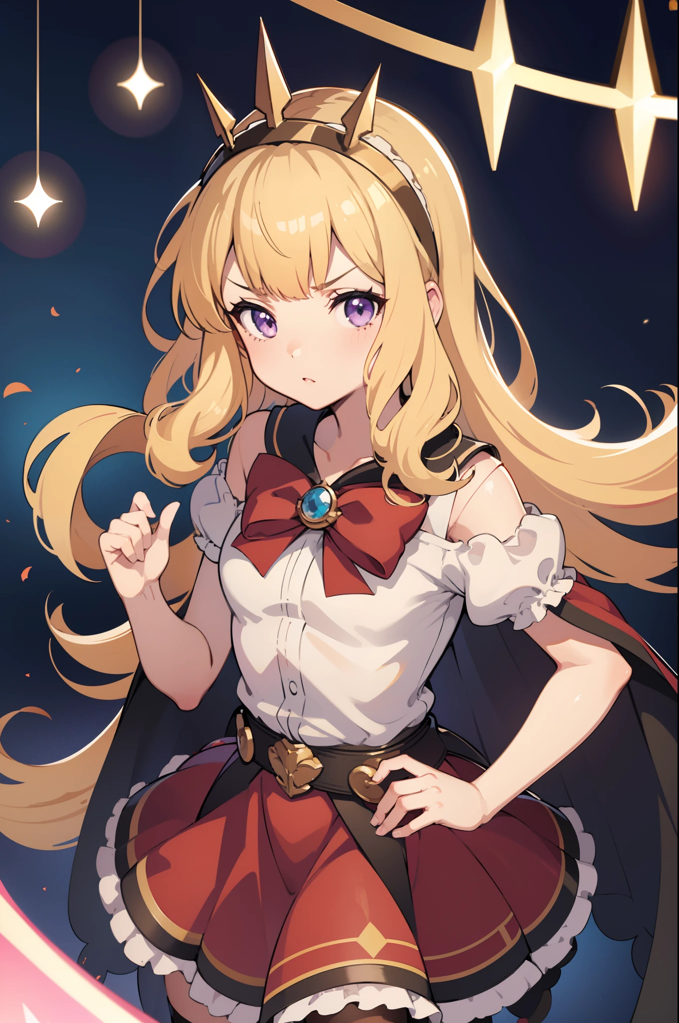 1girl, solo, close-up shot, blonde hair, purple eyes, Cagliostro, long hair, CagliostroBase, hairband, crown, black thighhighs, red bow, red skirt, cape, small breasts, serious, neutral, hand on hips, upper body, looking at viewer, indoors, straight up shot, dark room, dungeon, scenery, black lights white lights, masterpiece, illustration, 8k, best quality